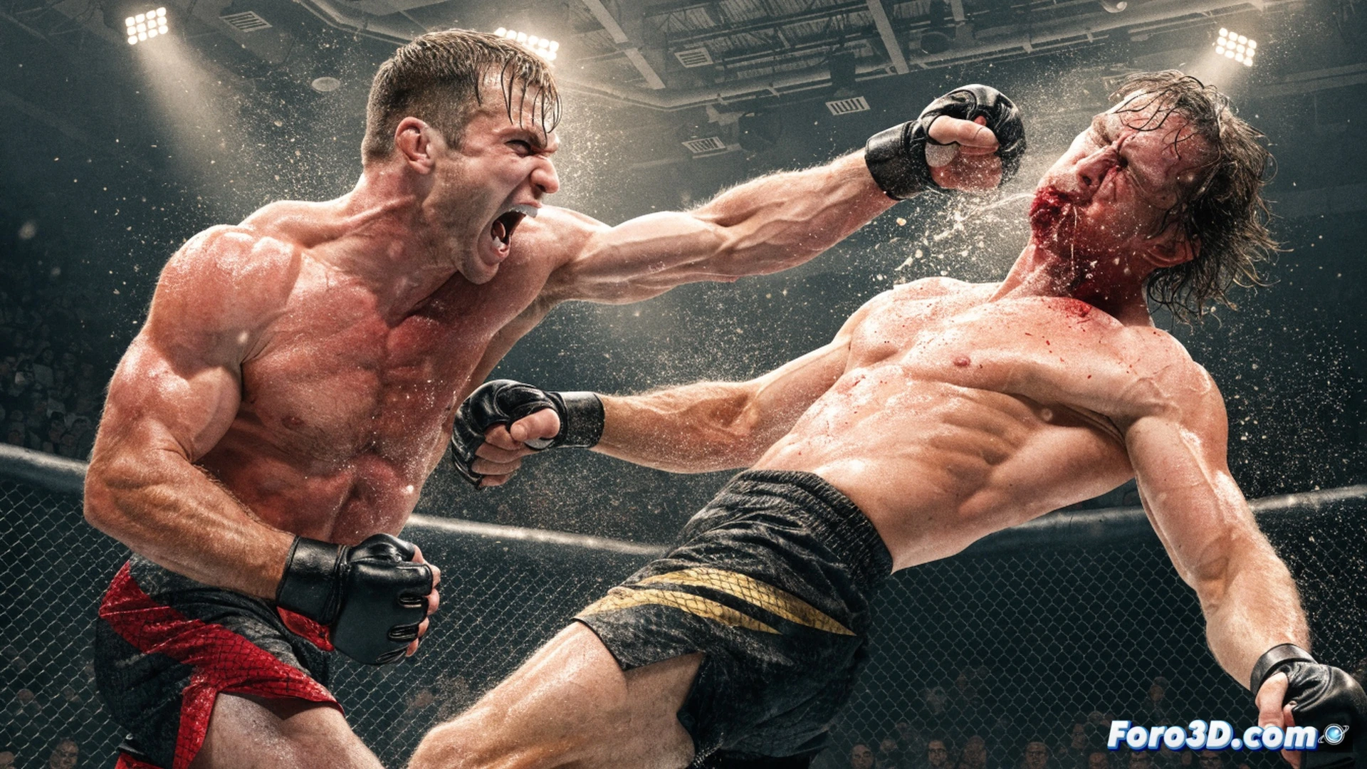 octagon cage center, Justin Gaethje landing a devastating left hook on Donald Cerrone's jaw, Cerrone's body twisting mid-air while sweat droplets explode from impact, referee in background starting to intervene, bright cage lights casting harsh shadows, blood spray misting across canvas, Gaethje's fist showing wrapped hand technique, Cerrone's cowboy hat tattoo visible on thigh, cinematic fight photography style, extreme close-up action freeze-frame, dramatic chiaroscuro lighting, photorealistic combat sports visualization, raw violence captured at peak impact moment