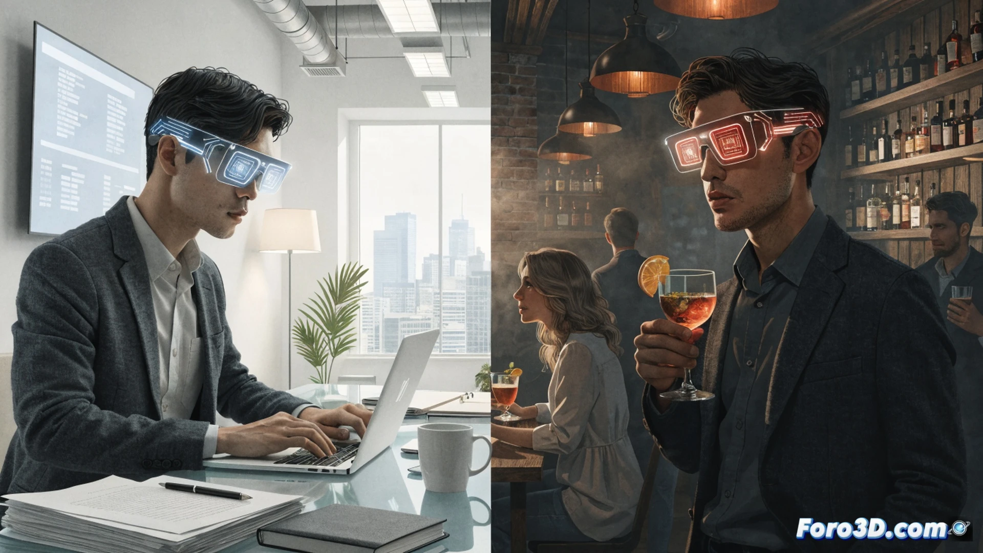 professional man wearing smart glasses with subtle LED indicator glowing blue, seated at an office desk during a team meeting, glasses frame recording audio while AI transcription software interface is visible on a laptop screen, speech-to-text conversion process shown as floating text fragments, other colleagues speaking naturally unaware of the device, photorealistic corporate environment, warm neutral lighting, clean minimalist desk with notebook and pen, sharp focus on glasses temple where microphone grille and tiny camera lens are visible, realistic skin textures and fabric details, cinematic documentary style shot from slightly low angle emphasizing the glasses as a tool rather than surveillance device, technical accuracy in depicting the hardware components, neutral expressions, professional attire, no visible text or logos on screen or objects, ultra-detailed engineering visualization