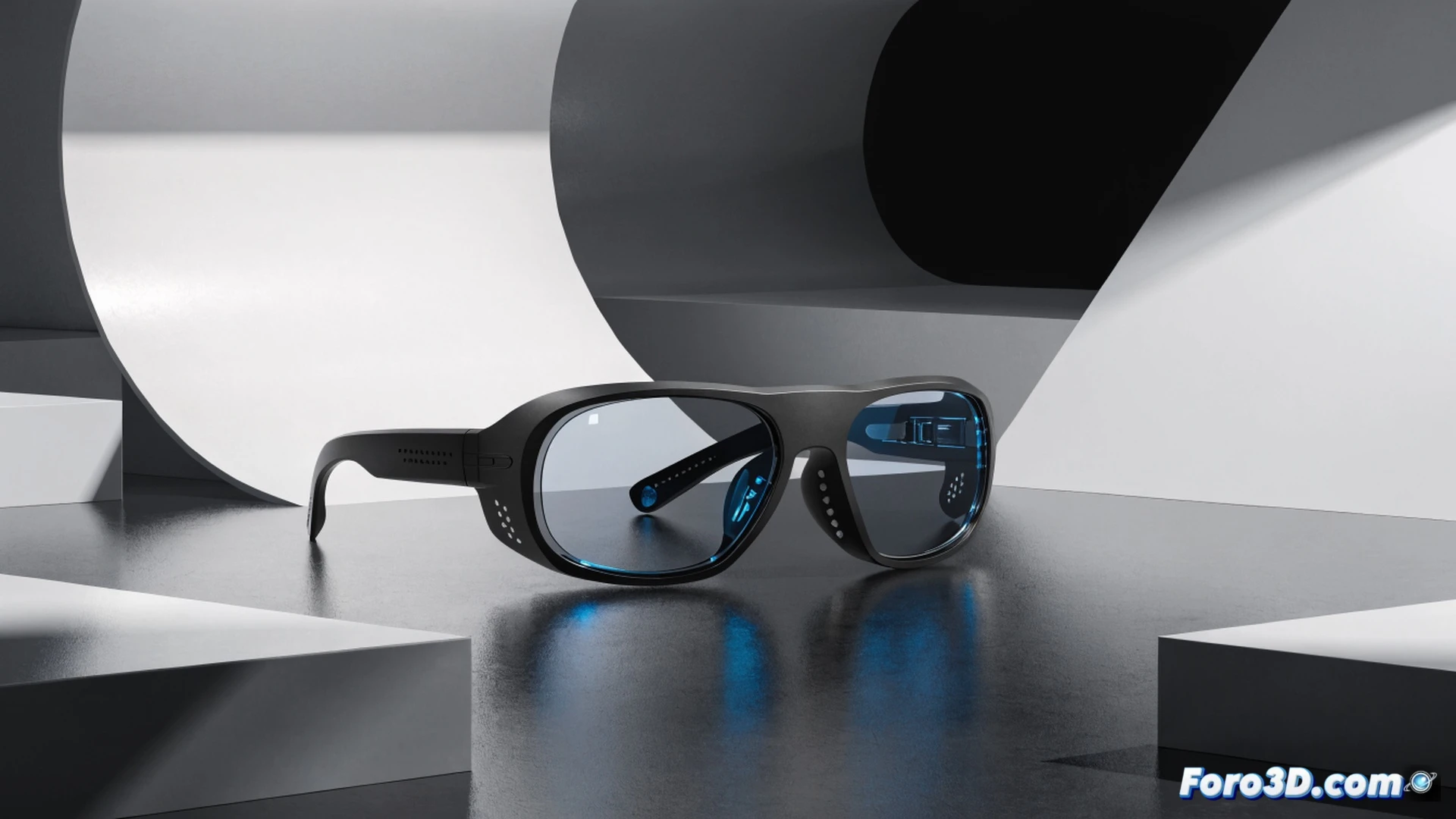 Xreal Aura smart glasses being unboxed on a minimalist wooden desk, lightweight 95-gram frame held by a hand, translucent augmented reality display showing a floating 3D navigation map, chip module visible through semi-transparent housing, Google logo subtly integrated into the temple hinge, smartphone connected wirelessly via glowing blue data stream, cinematic product visualization, soft natural lighting from left side, clean white background, ultra-detailed plastic and glass textures, polished metallic accents, photorealistic technical illustration, demonstrating everyday portability and seamless AR interaction.