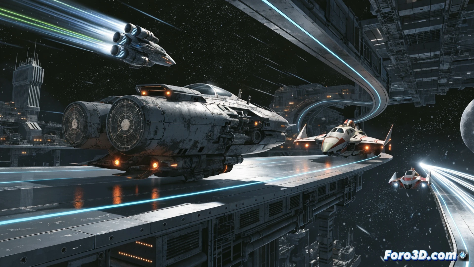 A starship assembly station inside a hangar, multiple holographic blueprints floating around a partially-built racer, glowing arc welder connecting engine components, sparks flying from a custom thruster installation, mechanic droids handing a new wing panel to a pilot, cockpit interior visible with high-tech dashboard, dramatic cinematic lighting, metallic surfaces reflecting neon glows, engineering visualization style, photorealistic detailed machinery, intense action during customization process