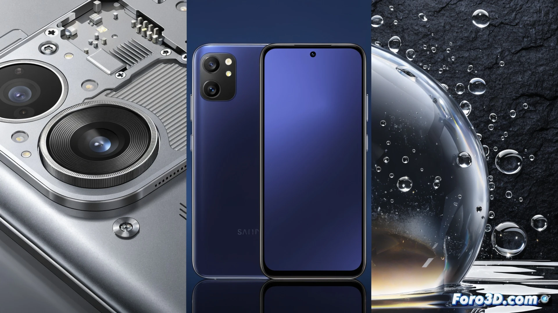 Samsung Galaxy A27 smartphone held by a robotic hand, water droplets bouncing off a non-waterproof casing while a cracked camera lens shows reduced megapixel count, price tag of 349.99 floating above, processor chip glowing blue as the only upgraded component, beside an older A26 model with better camera specs and IP rating, cinematic technical illustration, photorealistic product render, dramatic studio lighting, metallic and glass materials, sharp focus on hardware details, comparison action showing downgrade process