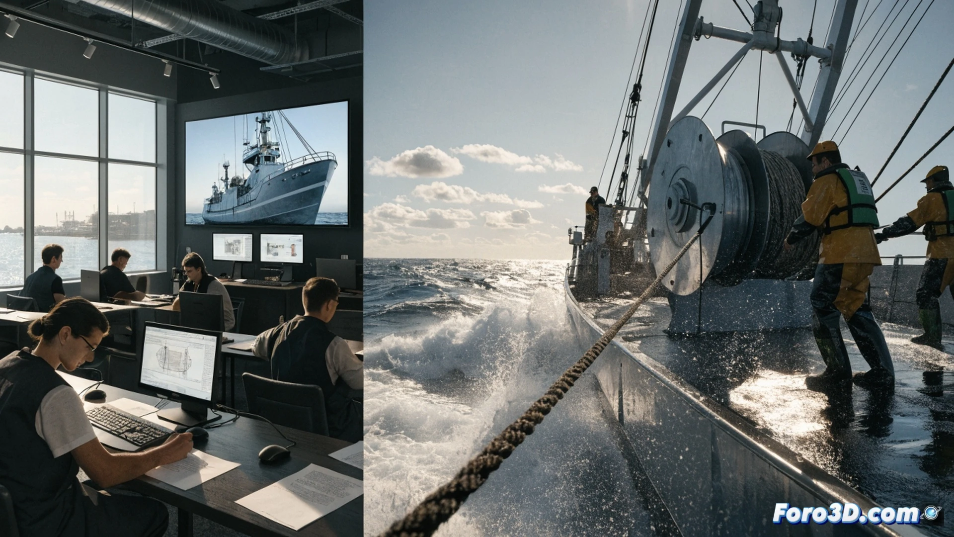 fishing boat deck scene at sunrise, a young man in yellow rain gear holding a compact navigation tablet displaying a digital maritime course certificate, an instructor pointing at a simplified engine control panel showing reduced training hours, nets and buoys stacked nearby, photorealistic technical illustration, morning mist over Galician coast, warm golden light reflecting on wet deck, realistic textures of rope and metal, cinematic depth of field, professional maritime equipment visible