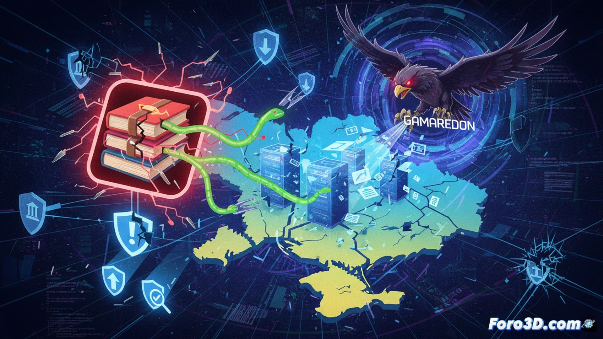 vulnerabilidad WinRAR explotada durante ataque cibernético, pantalla de computadora mostrando código malicioso extraído de archivo comprimido, icono de WinRAR roto con grietas digitales, virus GammaWorm propagándose como líneas rojas brillantes hacia documentos ucranianos, GammaSteel extrayendo datos gubernamentales sensibles, teclado con bandera de Ucrania parcialmente iluminada, fondo oscuro con alertas de antivirus fallando, estilo cinematic photorealistic technical illustration, iluminación dramática azul y roja, texturas metálicas y circuitos, alta definición