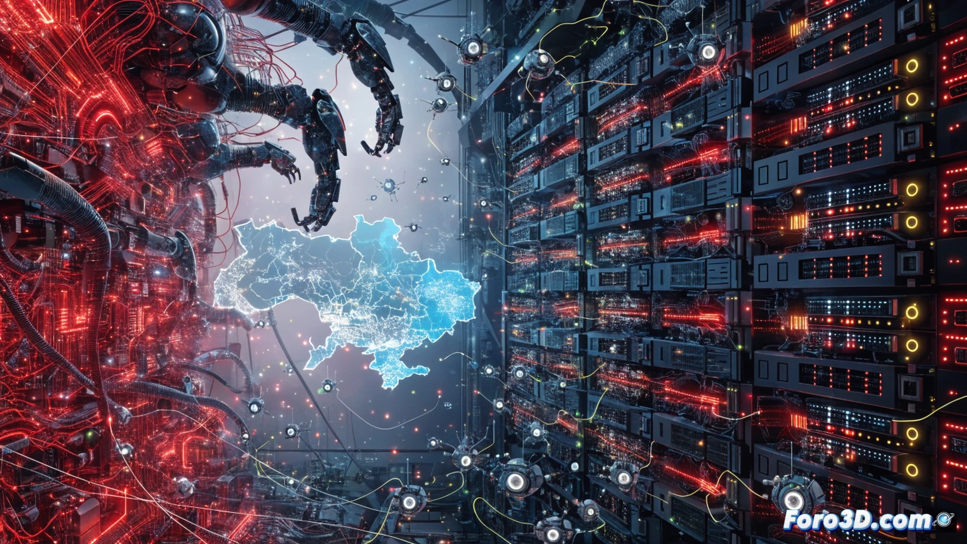 A dark cloud-shaped malware icon hovering over a glowing Ukrainian city map, digital data streams being siphoned upward into the cloud through invisible hooks, cracked electrical grid lines and severed communication towers flickering with red warning pulses, a laptop screen showing a fake update prompt while a hidden cloud sync process runs in the background, cinematic technical illustration, photorealistic render, dramatic blue and red lighting, cyberpunk atmosphere, ultra-detailed circuit board textures, glowing threat indicators, motion blur on data theft process