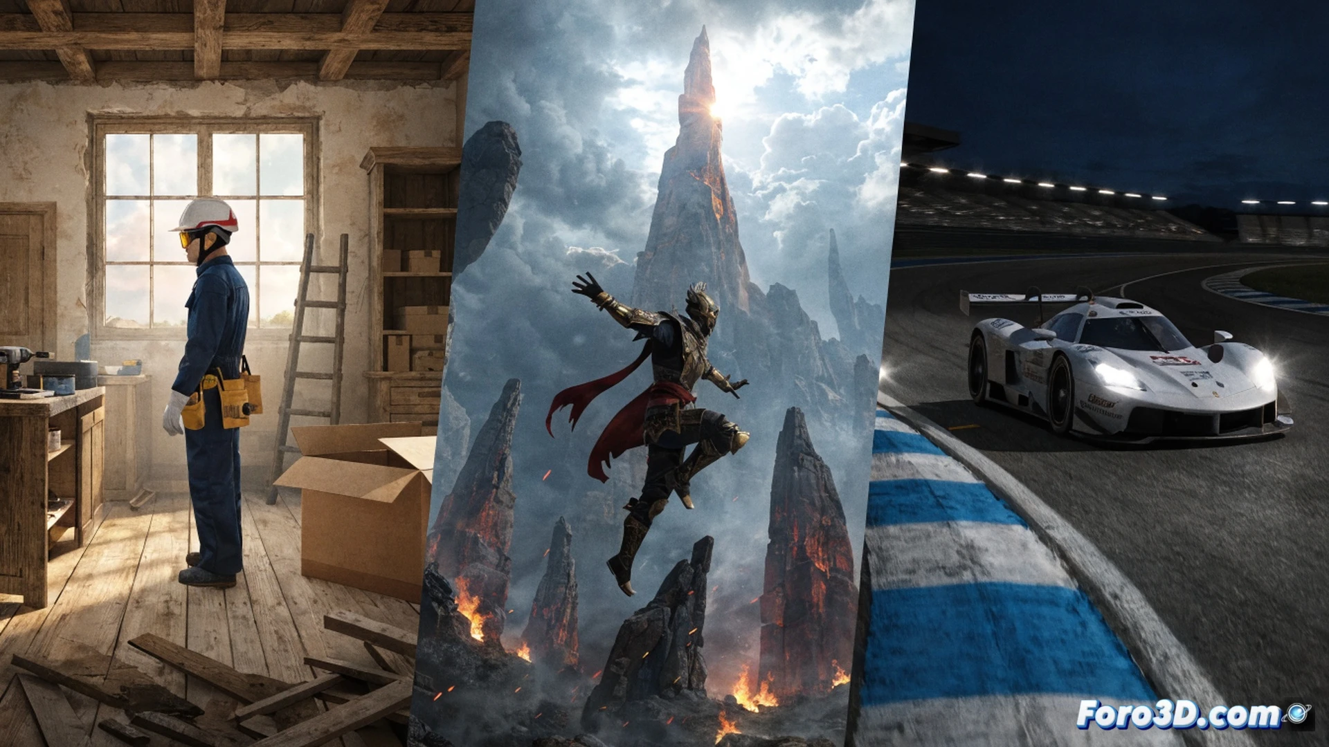 three video game screenshots merging into a single dynamic scene, left section showing a house renovation interior with a character holding a hammer while walls are being painted, middle section displaying a fantasy warrior swinging a glowing sword against a dark creature during a stormy night battle, right section featuring a race car speeding through a wet track with tire smoke and blurred barriers, cinematic photorealistic style, dramatic lighting with contrasting warm and cool tones, motion blur on vehicles and tools, detailed game textures visible, action frozen mid-movement, technical illustration with sharp focus on interactive gameplay elements