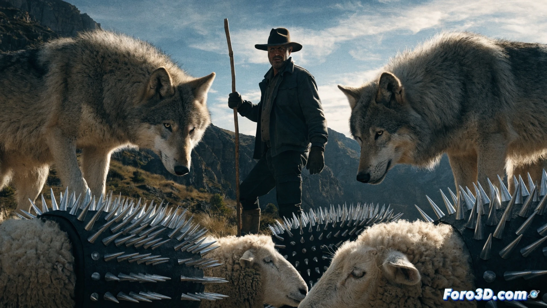 Mountain pasture at dusk, Austrian farmer adjusting a spiked metal vest on a sheep while a wolf silhouette watches from forest edge, sheep wearing metallic armor with sharp spikes protruding outward, wool tufts caught between steel joints, farmer using adjustable wrench on rivet fastenings, photorealistic technical illustration, dramatic side lighting casting long shadows, textured wool contrasting with brushed steel, tension visible in sheep posture, wolf partially hidden among pine trees, hyper-detailed metalwork reflections, cinematic wildlife conflict scene, ethical dilemma visually implied