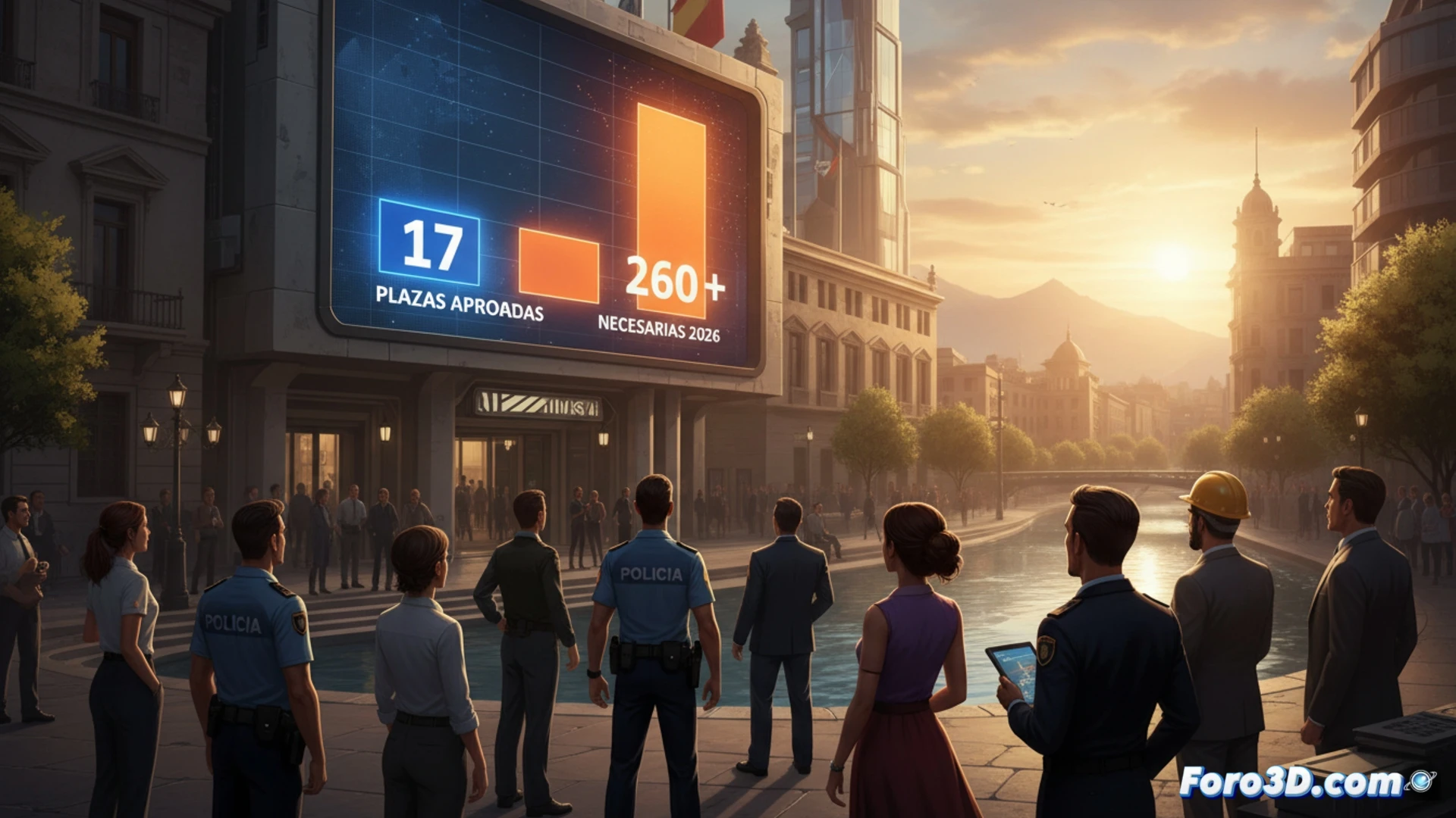 modern municipal office interior, city planner reviewing a large blueprint on a digital table, glowing holographic graphs showing 17 small green markers clustered and 260 empty grey slots fading into darkness, a police officer and engineer in discussion beside a CAD workstation displaying personnel shortage projections, technical engineering visualization, blueprints and administrative documents spread across desks, cinematic lighting with cool blue and warm amber contrast, photorealistic render, ultra-detailed textures on papers and screens, dramatic shadows emphasizing the gap between filled and unfilled positions
