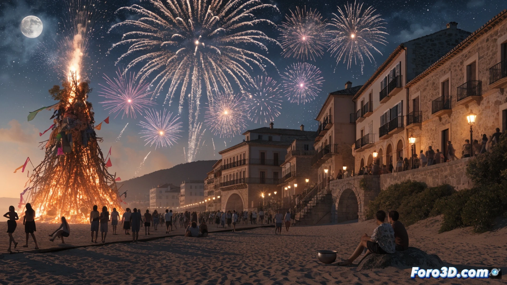 nighttime beach scene in Gandia during Nit de Sant Joan, large bonfire burning on sand with flames reaching high, families watching while children hold sparklers, colorful fireworks bursting over the Mediterranean sea, music stage with speakers and lighting rig in background, technical illustration style, photorealistic render, warm firelight illuminating faces and beach umbrellas, smoke drifting across the scene, dramatic contrast between dark sky and bright flames, detailed sand textures and wave reflections