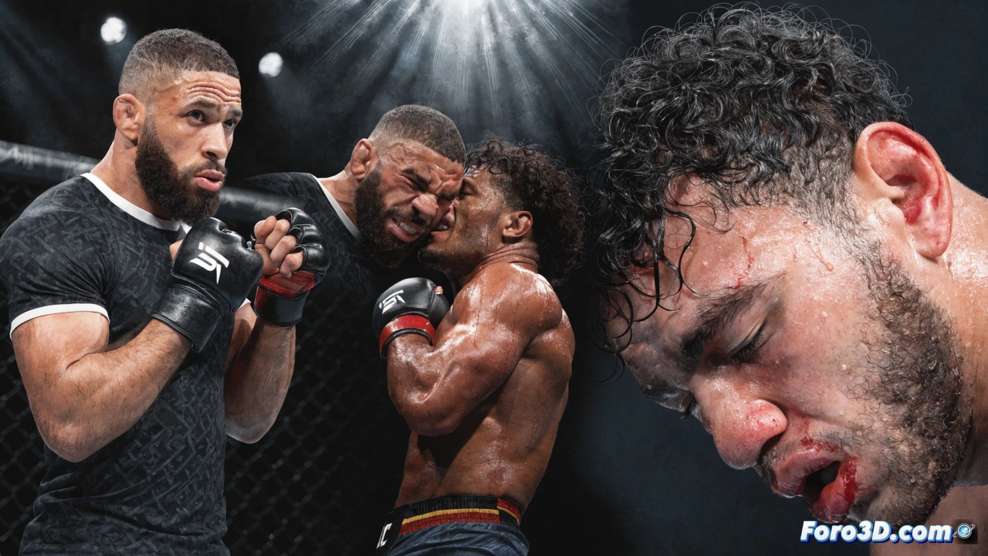 mixed martial arts octagon, Ciryl Gane landing a precise left hook to Alex Pereira's jaw, Pereira stumbling backward against the cage fence, Gane following with a flurry of hammer fists, referee stepping in to stop the fight, Pereira's corner throwing in the towel, sweat and blood droplets frozen mid-air, intense spotlights casting harsh shadows on the canvas, crowd blurred in the background, cinematic slow-motion action shot, photorealistic technical illustration, dramatic combat lighting, ultra-detailed muscle tension and fabric wrinkles, motion blur on striking limbs, high-contrast chiaroscuro effect
