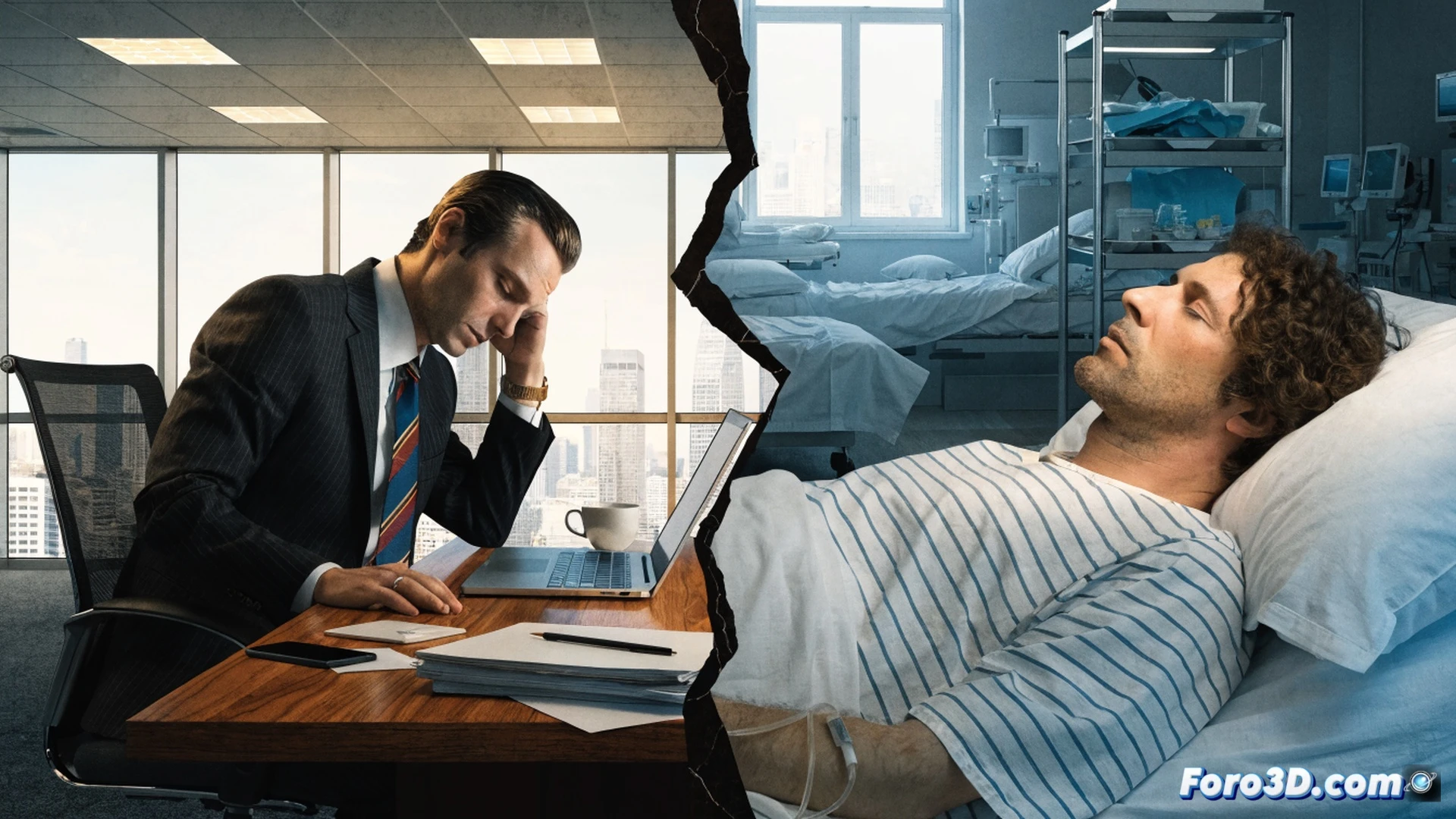 professional office desk scene, hand of a middle-aged executive in suit jacket holding a red stamped document reading BAJA LABORAL, another hand crossing out the paper with a thick red marker, scattered sick leave forms and a calculator with negative numbers on the desk, a government building miniature figure pushed aside, dramatic top-down cinematic lighting, polished wooden surface, shadows of hands in motion, photorealistic corporate atmosphere, tense decision moment, ultra-detailed textures of paper fibers and ink smudges, technical business illustration