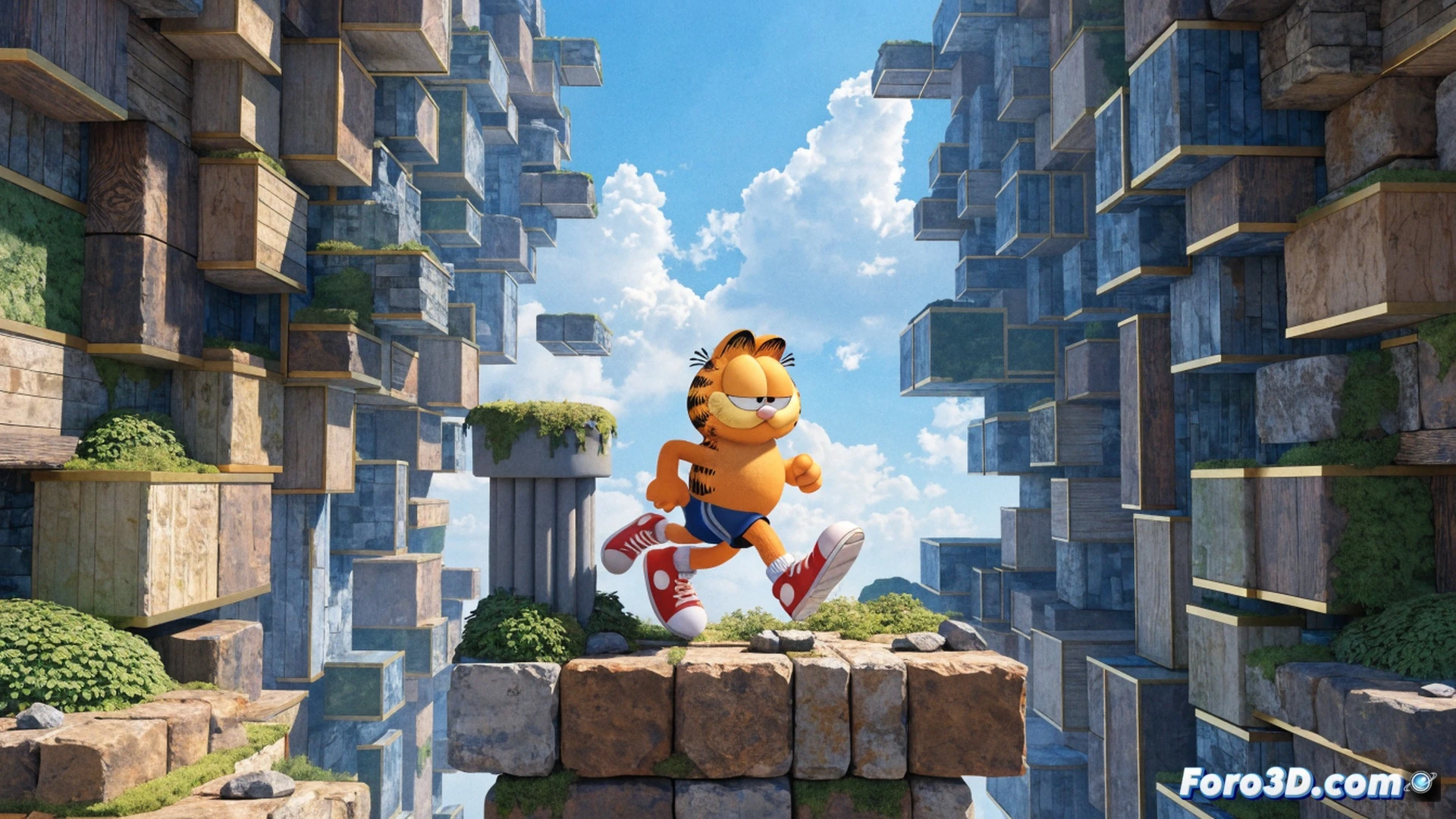 orange tabby cat mid-air jump across rotating gear platforms in a whimsical clockwork factory, cat paw reaching for a floating lasagna slice while avoiding spinning cogs, bright saturated colors, cartoonish 3D platformer aesthetic, dynamic action pose with motion lines, soft shadows from overhead golden light, polished plastic-like textures, playful family-friendly style, cinematic camera angle from below emphasizing height and speed, clean technical render with no text or numbers