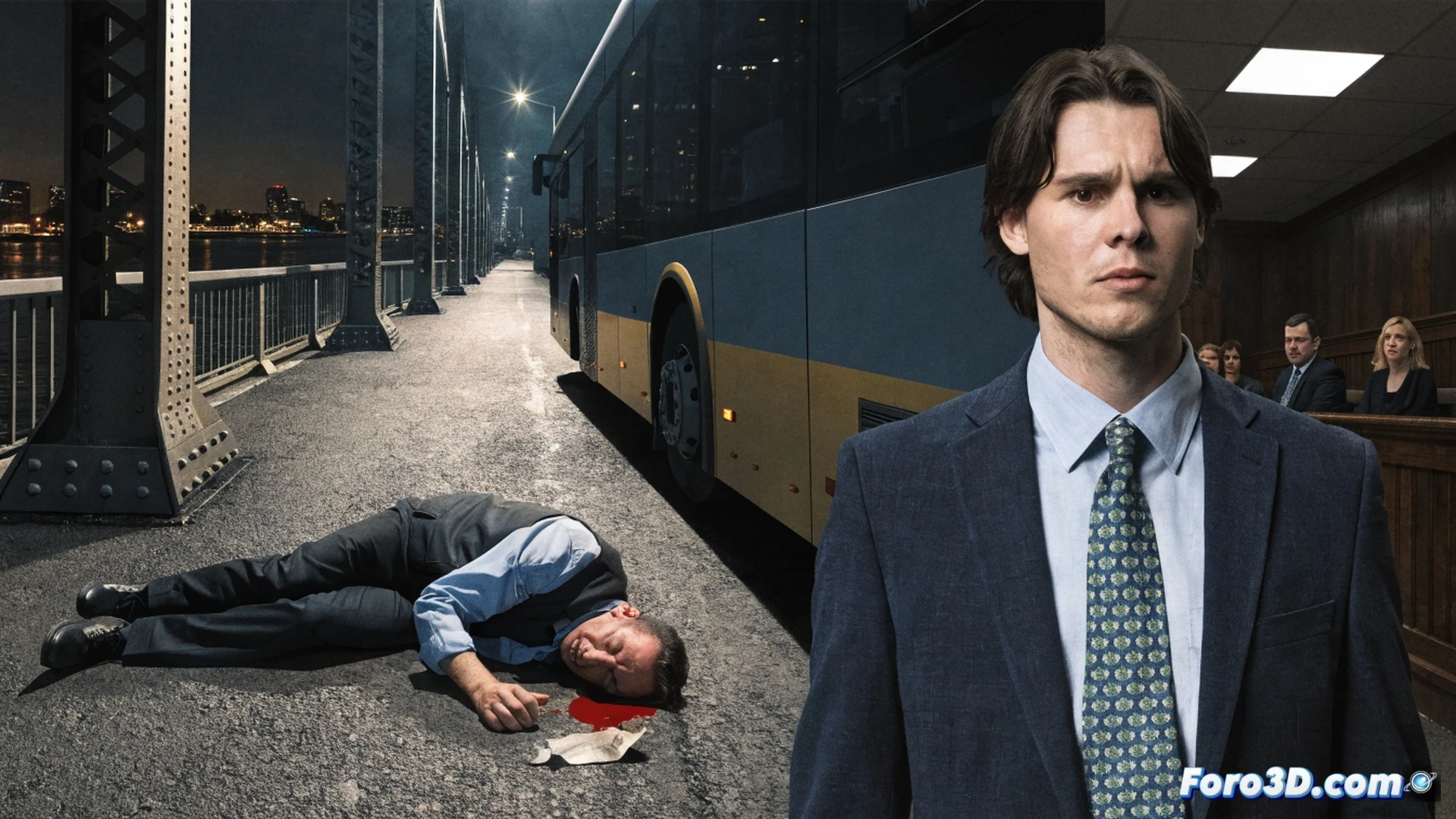London bus driver Sergei Krajev collapsed near double-decker bus on Battersea Bridge, shadowy figure Gary Jones turning away from altercation, bus headlights illuminating driver uniform with reflective stripes, metallic handrail and ticket machine visible, forensic evidence markers on wet asphalt, cinematic crime scene reconstruction, photorealistic night street lighting, rain-slicked road surface, dramatic shadows from bridge arches, ultra-detailed urban environment, technical illustration style