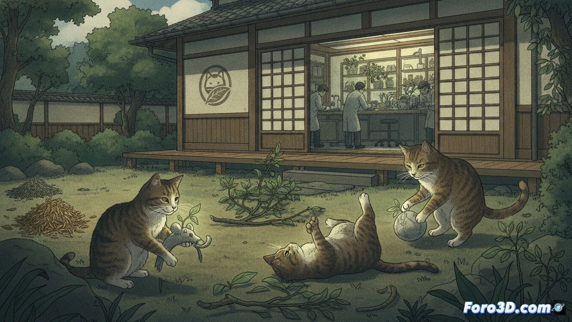 Photorealistic technical illustration of a domestic cat pawing at a silver vine-filled toy, while a researcher holds a clipboard next to a computer screen displaying a bar chart and a corporate logo, another cat ignoring catnip nearby, laboratory setting with test tubes and a coin jar labeled funding source, cinematic lighting with shadows over the scene, detailed fur textures, scientific equipment visible, subtle tension between playful action and commercial context, ultra-realistic engineering visualization style