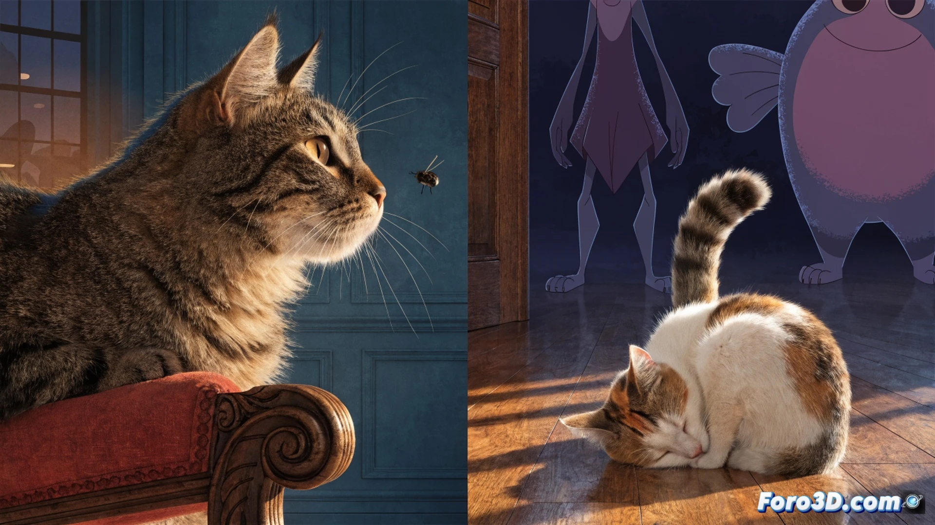 three domestic cats positioned in front of a flat-screen monitor showing a 2D animated cat chase scene, one cat swatting at a floating dust particle, second cat staring at a sunbeam on the floor, third cat grooming its tail while ignoring the screen, living room setup with a laptop and video recording equipment visible, cinematic photorealistic style, warm indoor lighting, shallow depth of field, fur texture detail, subtle motion blur on the swatting paw, technical film production context, ultra-detailed domestic environment