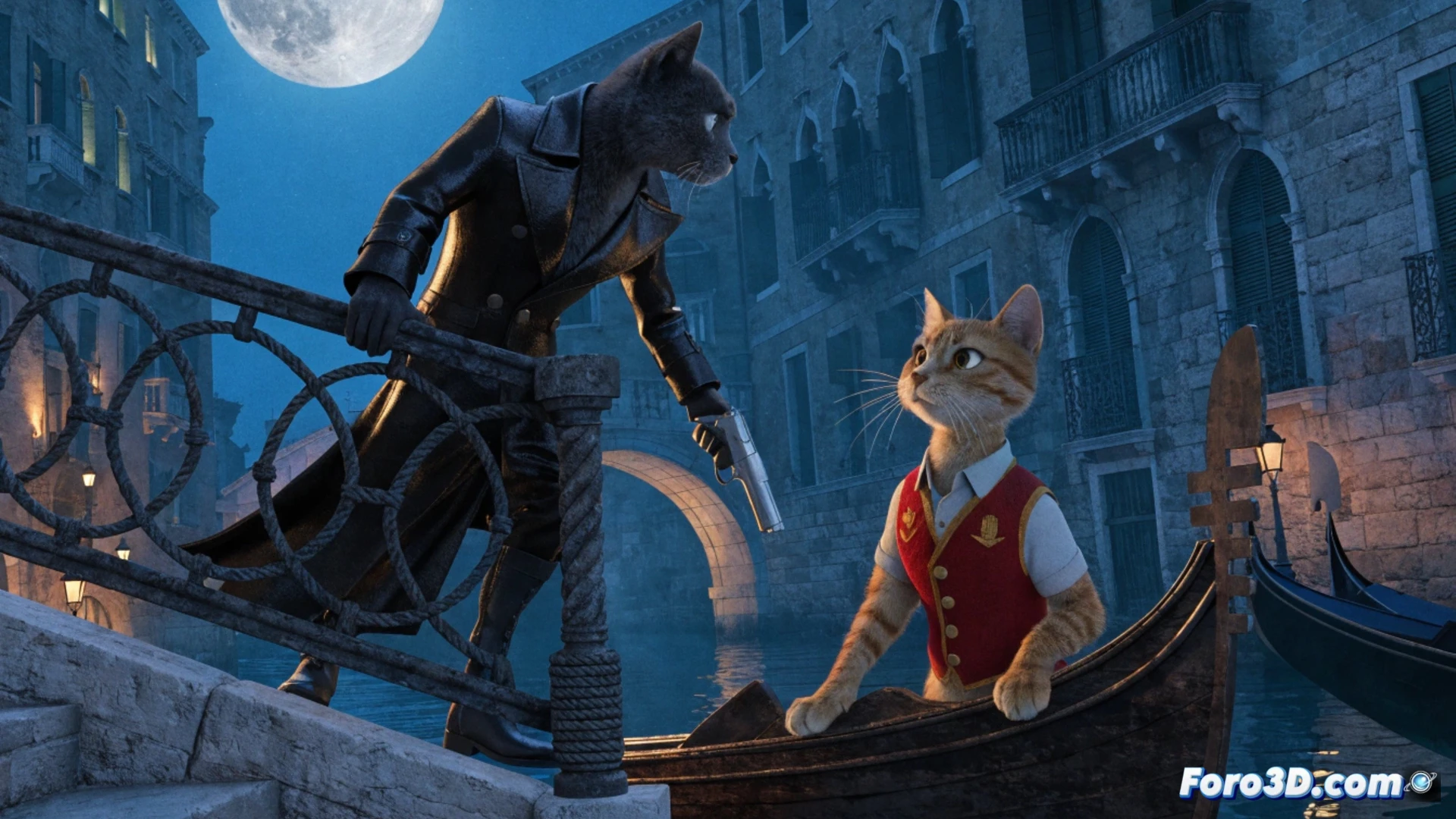 black cat in a tailored pinstripe suit leaping across a Venetian canal at sunset, paw gripping a wooden gondola oar while a mechanical prosthetic tail glows with embedded LED circuits, water splashing against stone bridge arches, floating paper bills with paw-print watermarks drifting in the wake, distant domed basilica silhouette, cinematic lighting with warm amber reflections on wet cobblestones, photorealistic technical illustration, fur detail showing micro-servo joints beneath the suit, motion-blurred seagulls scattering, dramatic chiaroscuro shadows from iron lampposts, ultra-detailed textures of aged plaster and rusted mooring rings