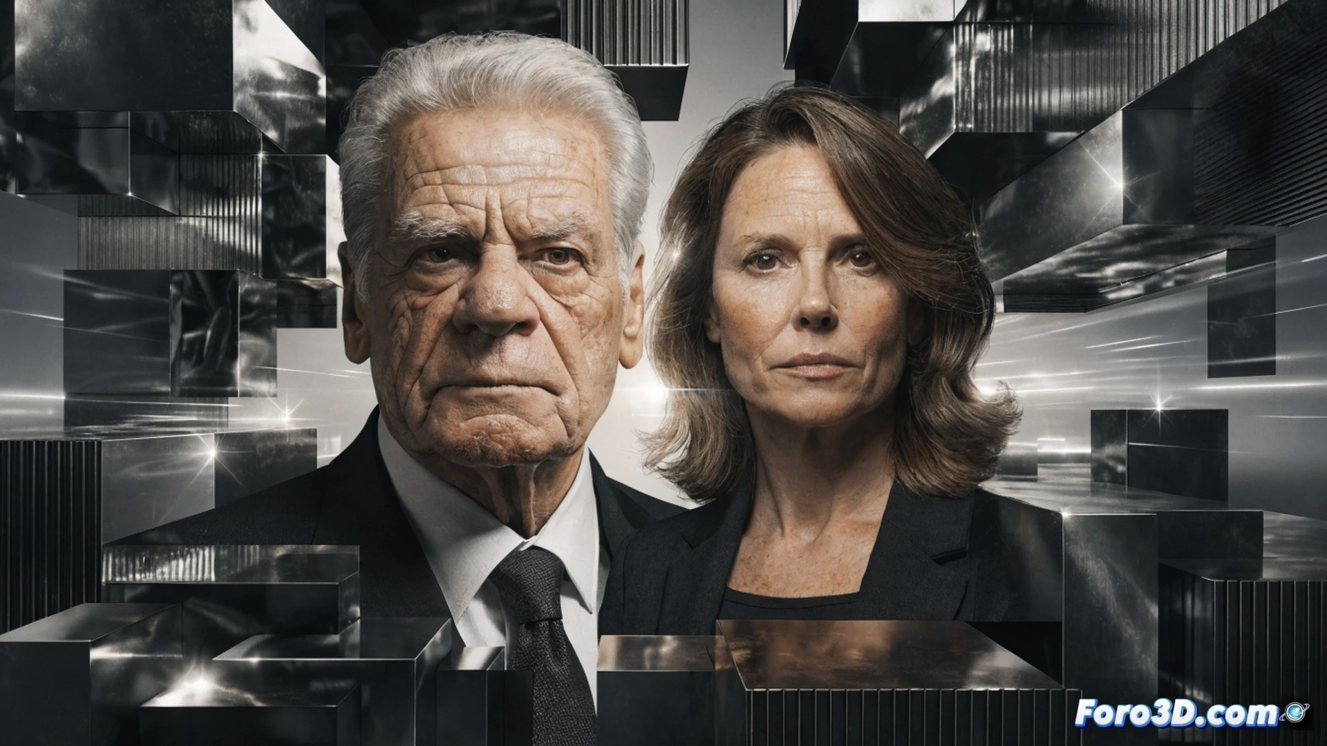 German president Joachim Gauck standing at a lectern with a holographic projection of a female silhouette emerging from a government building, hands gesturing toward a timeline showing 2027, while a crowd of mixed-gender professionals in business attire watches attentively, photorealistic political summit setting, cinematic lighting with warm amber tones, national flags in soft focus background, holographic data streams displaying leadership metrics and gender parity graphs, ultra-detailed facial expressions showing determination, technical visualization of democratic transition process, dramatic chiaroscuro shadows across the stage, high-end campaign room aesthetic