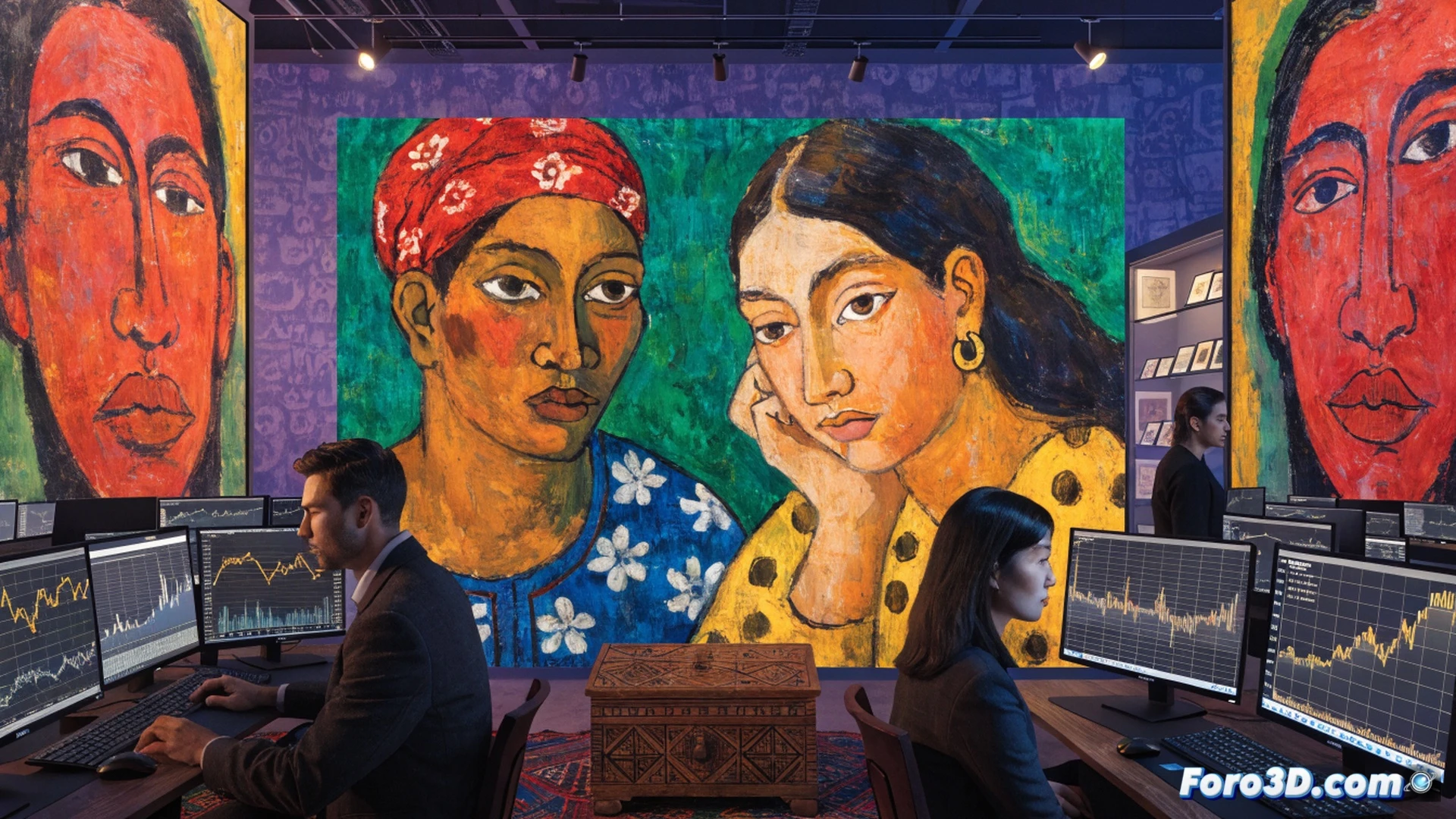 oil painting canvas of a Tahitian woman being scanned by a laser digitizer, stock market candlestick charts projected as holographic overlays on the canvas, a robotic arm holding a magnifying glass inspecting pigment cracks, while golden price tickers float around the frame, cinematic photorealistic render, dramatic chiaroscuro lighting, canvas texture visible under intense studio light, investment portfolio graphs reflected in the artist's paint palette, ultra-detailed brushstrokes merging with digital data streams, technical illustration style