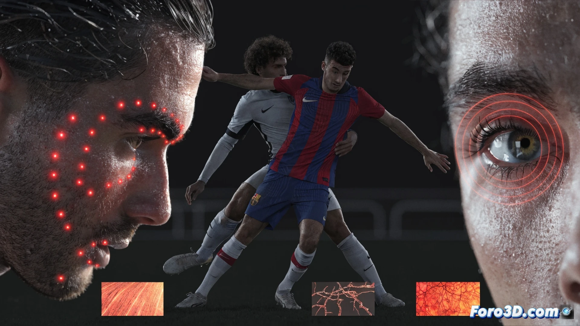 Un jugador de fútbol girando bajo presión con un modelo 3D semitransparente superpuesto mostrando líneas de tensión muscular en rojo y azul, mientras un sistema de análisis técnico proyecta gráficos de calor y trayectorias de movimiento sobre el campo, con balones recuperados en zonas avanzadas, sensores biomecánicos visibles en las espinilleras, iluminación de estadio nocturno, estilo cinematic engineering visualization, texturas de césped realistas, desenfoque de movimiento en las piernas, datos de rendimiento flotando en paneles holográficos, photorealistic technical render.