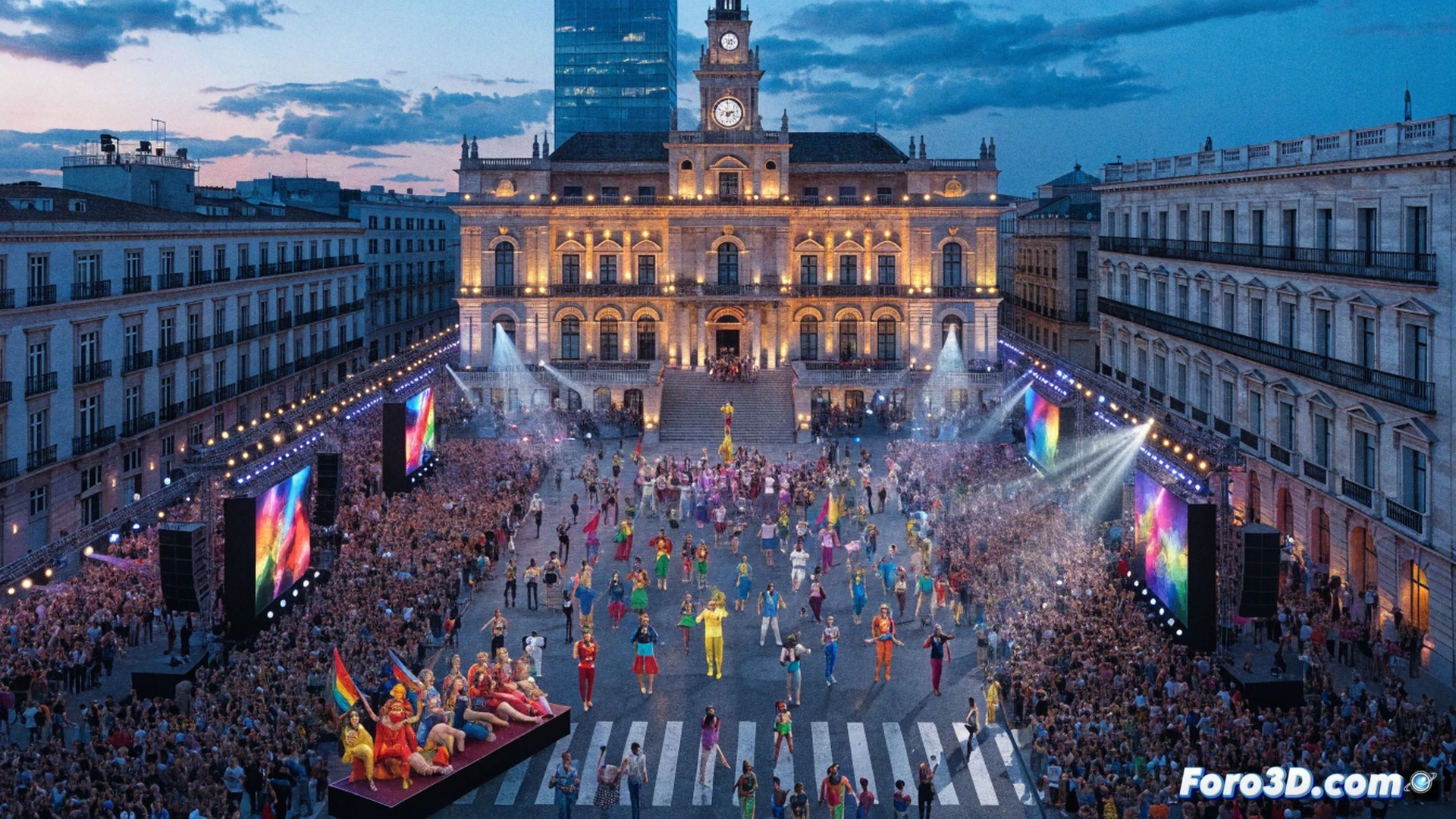 Valencia Gay Games XII opening ceremony, massive crowd of 10,200 athletes in rainbow-colored uniforms parading through a futuristic stadium, LED screens displaying diversity symbols, aerial drone formation creating a glowing progress flag above the central stage, musicians performing on a rotating platform with laser light effects, photorealistic cinematic visualization, golden hour sunset illuminating the city skyline in background, confetti explosion with metallic rainbow particles, high-angle wide shot capturing the entire arena, dramatic atmospheric lighting, ultra-detailed crowd textures, motion blur on waving flags, technical event photography style