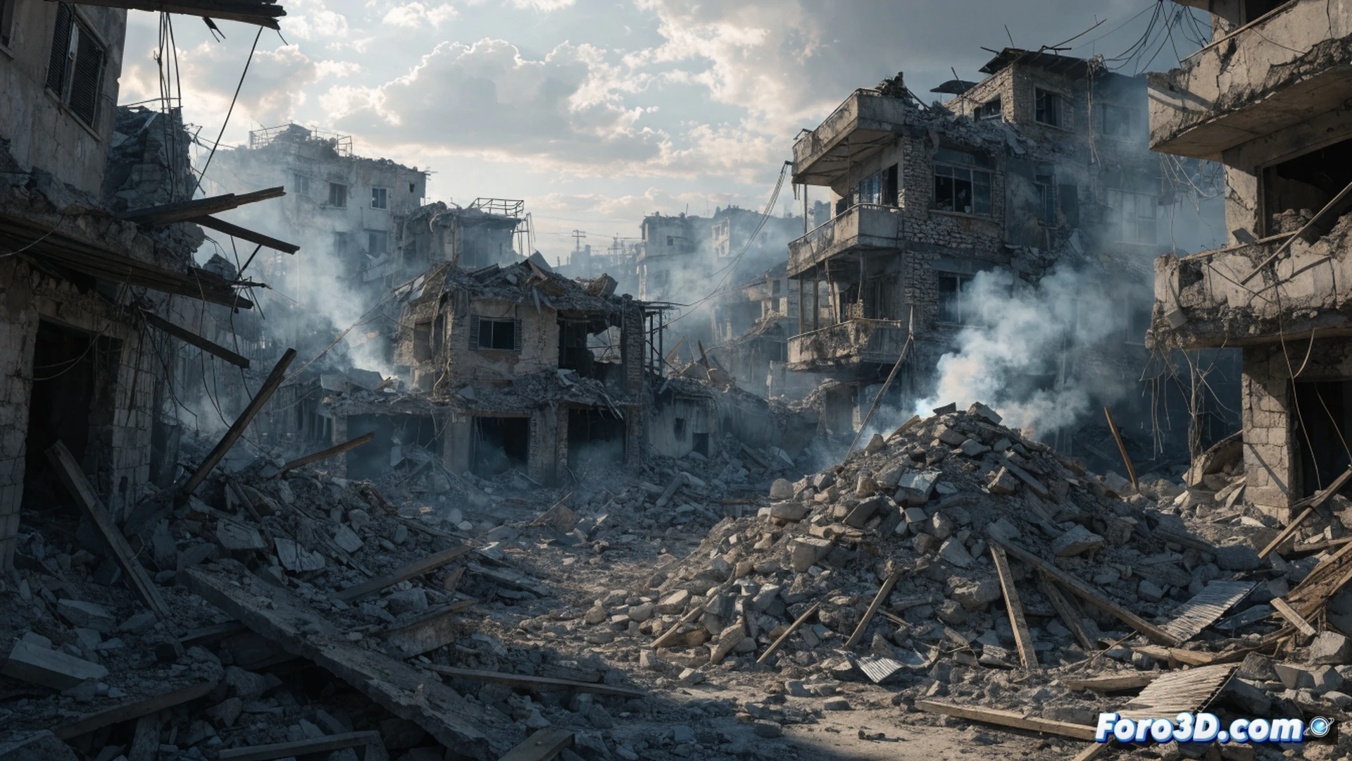campo de refugiados de Bureij al amanecer, edificio de viviendas parcialmente colapsado tras impacto de misil, escombros y polvo elevándose en el aire, cámara de video profesional destrozada entre los restos de hormigón y vigas de acero retorcidas, un trípode metálico caído mostrando lentes rotas, cascotes cayendo durante la explosión secundaria, silueta de rescatistas corriendo entre el humo gris, estilo cinematográfico fotorrealista, iluminación dramática con luz solar atravesando nubes de polvo, texturas de hormigón fracturado y metal oxidado, alta definición técnica