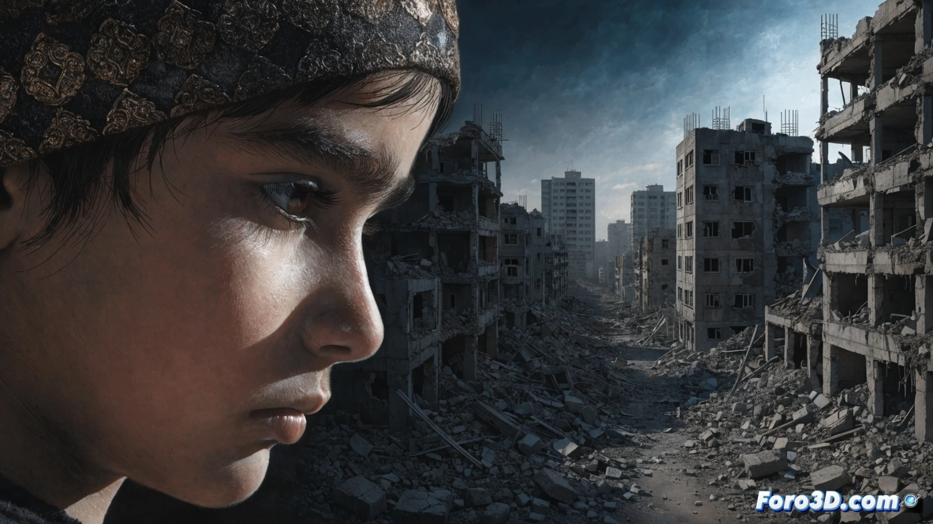 ruined classroom in Gaza, children's small hands reaching for a broken laptop screen showing a UN charter document, shattered keyboard keys scattered on dusty floor, a drone shadow cast over a teddy bear with torn stitching, rusted water pipe dripping onto open schoolbooks, photorealistic technical illustration, cold grey concrete walls with blast marks, dramatic low-angle sunlight through bullet-hole window, debris particles suspended in dusty air, ultra-detailed textures of crushed plastic and torn paper, cinematic documentary-style lighting