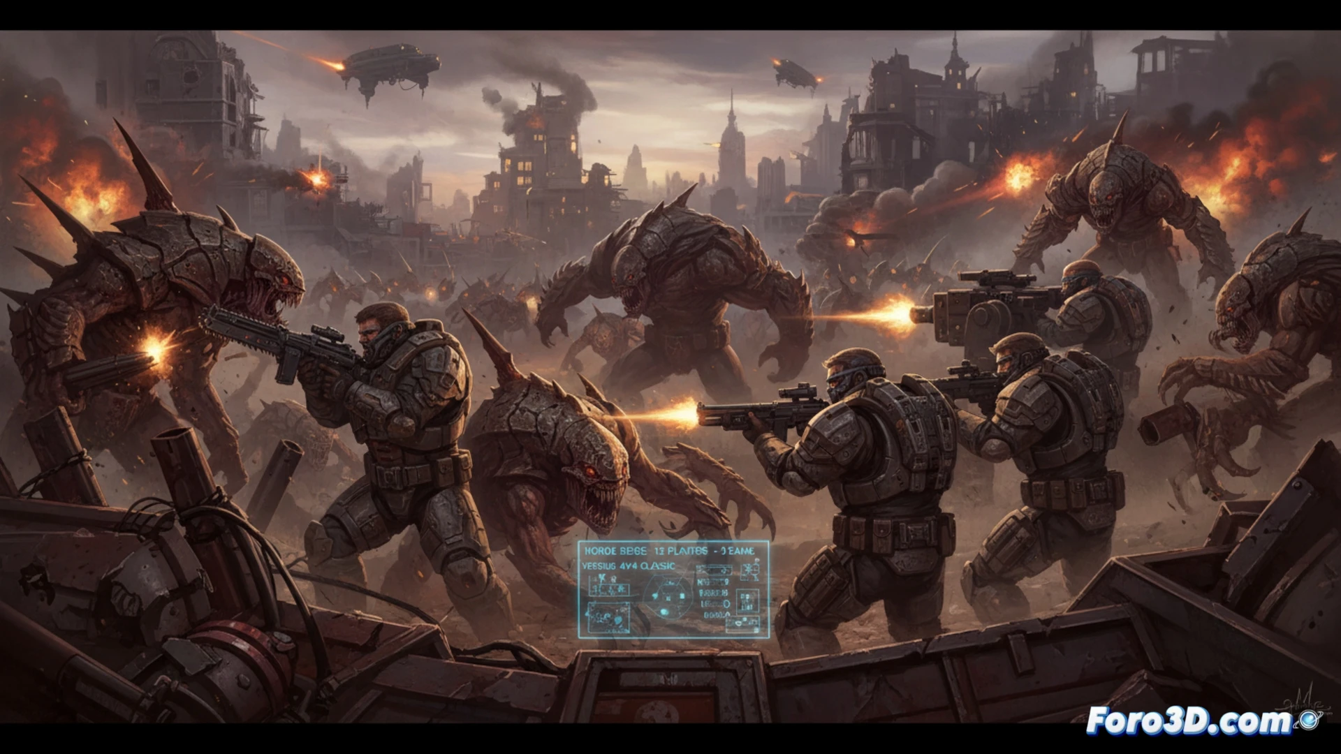 Gears of War E-Day multiplayer modes revealed, Horde Siege mode with 12 players split into three teams attacking a fortified Locust stronghold, one team deploying a turret while another breaches a wall with a heavy weapon, Versus mode 4v4 combat shown in the background with Lancer rifles firing chainsaw blades mid-action, technical cinematic illustration, gritty industrial environment, smoke and debris clouds, glowing ammo counters on weapons, dramatic lighting through dust particles, photorealistic game concept art
