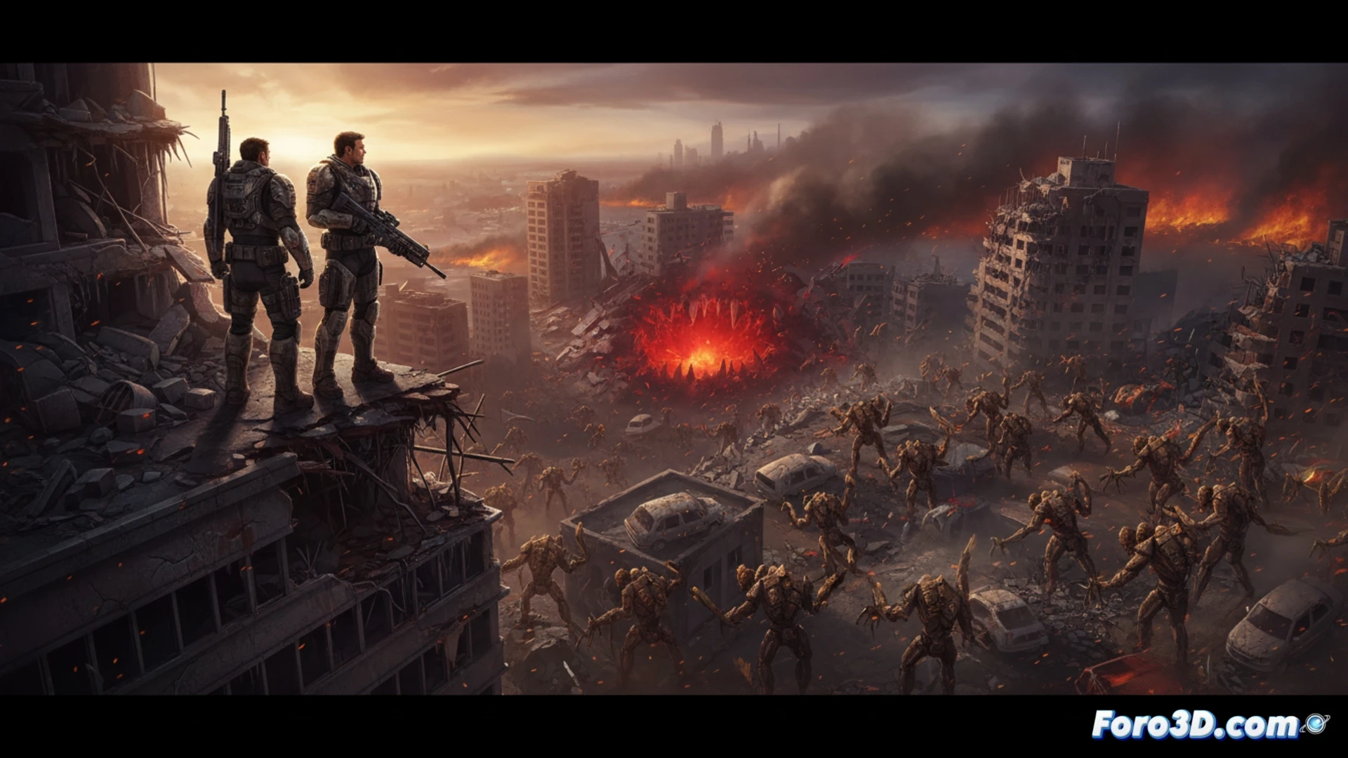 Gears of War E-Day promotional scene, Marcus Fenix and Dom Santiago taking cover behind shattered stone pillars during a Locust emergence, crimson Lancer chainsaw bayonets glowing with heat, dust and debris particles suspended in motion, shattered glass and concrete fragments mid-air, tactical reload animation showing COG armor plating and weapon mechanisms, cinematic photorealistic visualization, dramatic low-angle lighting from explosion glow, gritty industrial warzone atmosphere, metallic battle damage textures, action frozen during a frantic firefight, ultra-detailed character models, intense combat composition