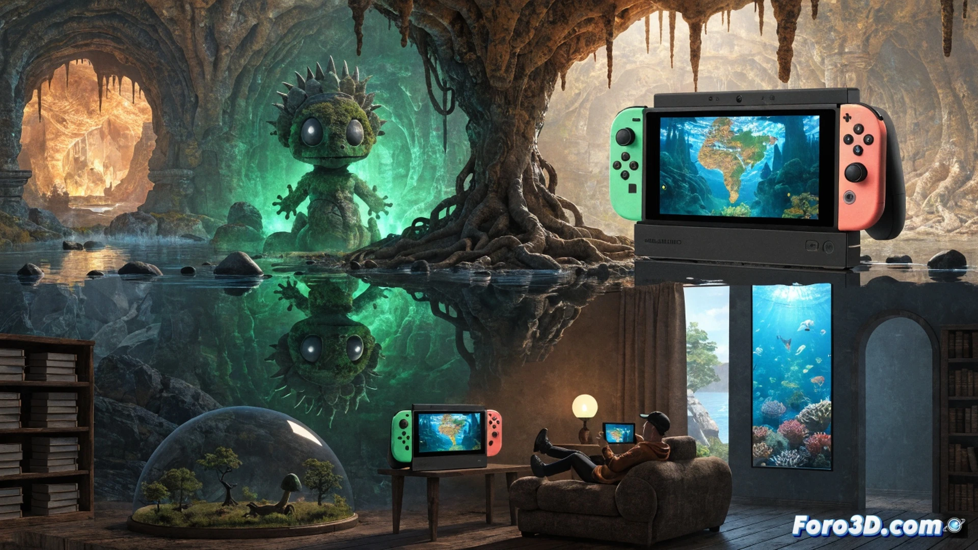 lagartija verde trepando una ruina de piedra iluminada por rayos de sol, mientras una pantalla de Nintendo Switch 2 muestra el mapa de una isla nueva descargándose, consola Switch original conectada mediante cable de transferencia, fondo de templo antiguo con engranajes y mecanismos de puzle, estilo cinematic technical illustration, iluminación dramática con sombras marcadas, texturas de piedra desgastada y musgo, detalles de hardware como puertos USB-C y ventilación, acción de descarga en proceso con barra de progreso brillante, ambiente de exploración relajante, photorealistic render