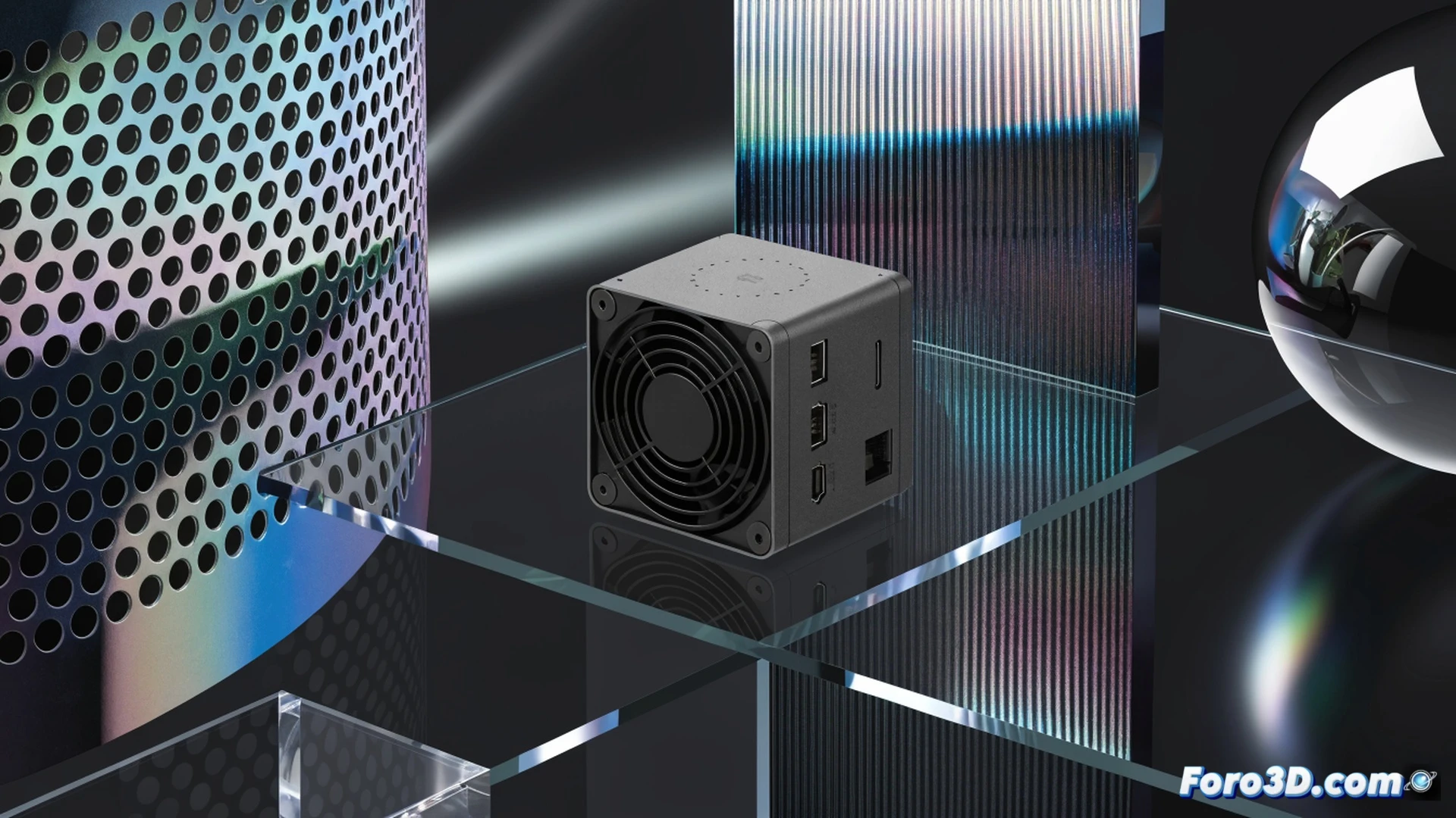 mini PC de aluminio desmontado sobre una mesa de trabajo iluminada, placa base expuesta con disipador térmico de cobre sobre el procesador Ryzen 5, módulos de RAM y SSD NVMe siendo insertados con pinzas antiestáticas, fondo con herramientas de precisión y un medidor de ruido digital mostrando bajo nivel sonoro, estilo ilustración técnica realista, iluminación cenital fría, sombras nítidas, texturas metálicas detalladas, cables planos desplegados, ventilador de perfil bajo visible durante el ensamblaje, composición limpia y profesional