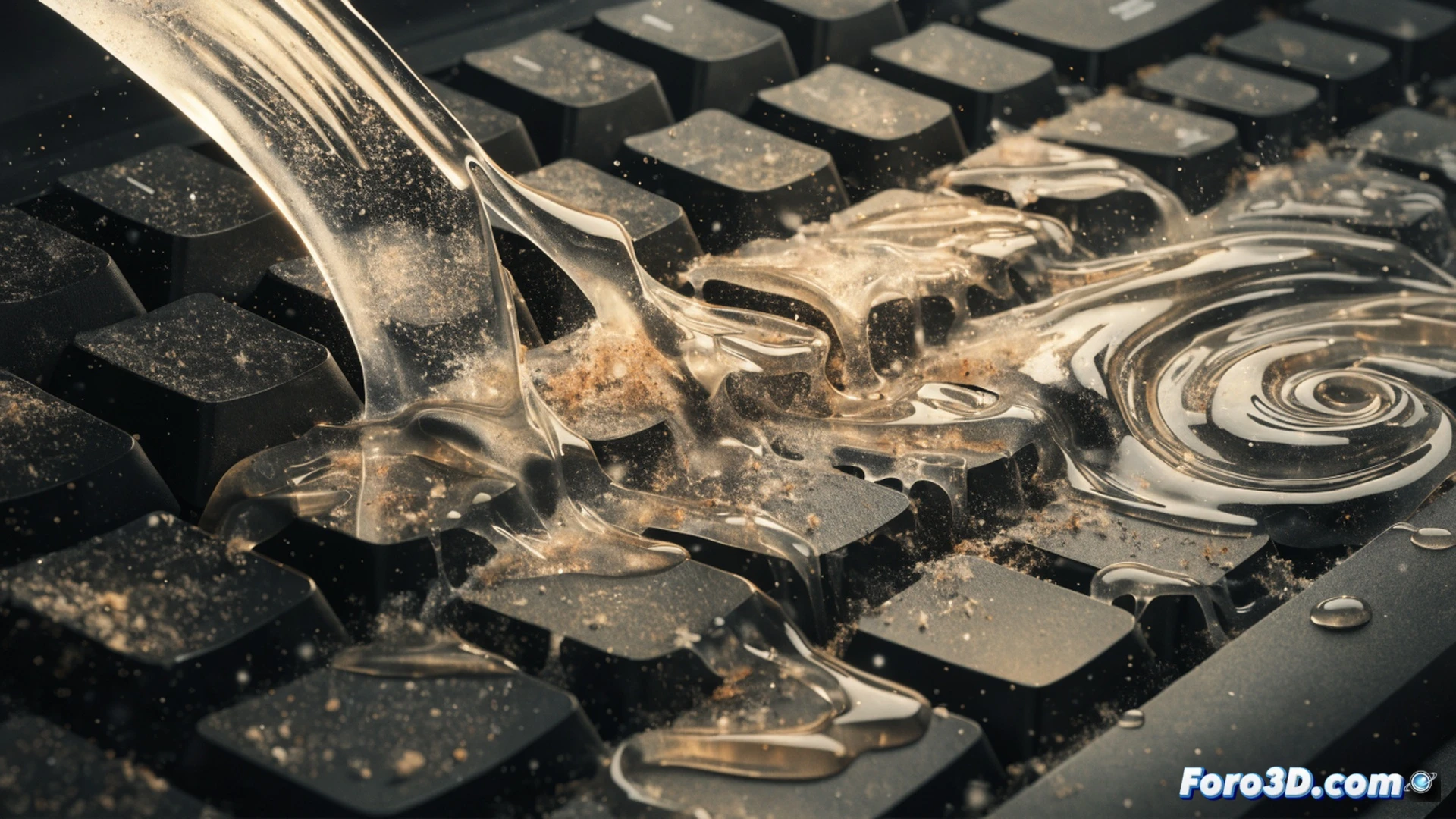 close-up shot of a person applying translucent blue gel cleaner onto a standard black computer keyboard, gel spreading between keys lifting bread crumbs and dust particles, keyboard half-covered with sticky gel residue, action of cleaning without removing keycaps, photorealistic technical product visualization, bright desk lighting, shiny gel texture reflecting light, visible dirt particles trapped in gel, shallow depth of field focusing on gel and keyboard surface, clean workspace background, ultra-detailed plastic keycap textures, cinematic product photography style