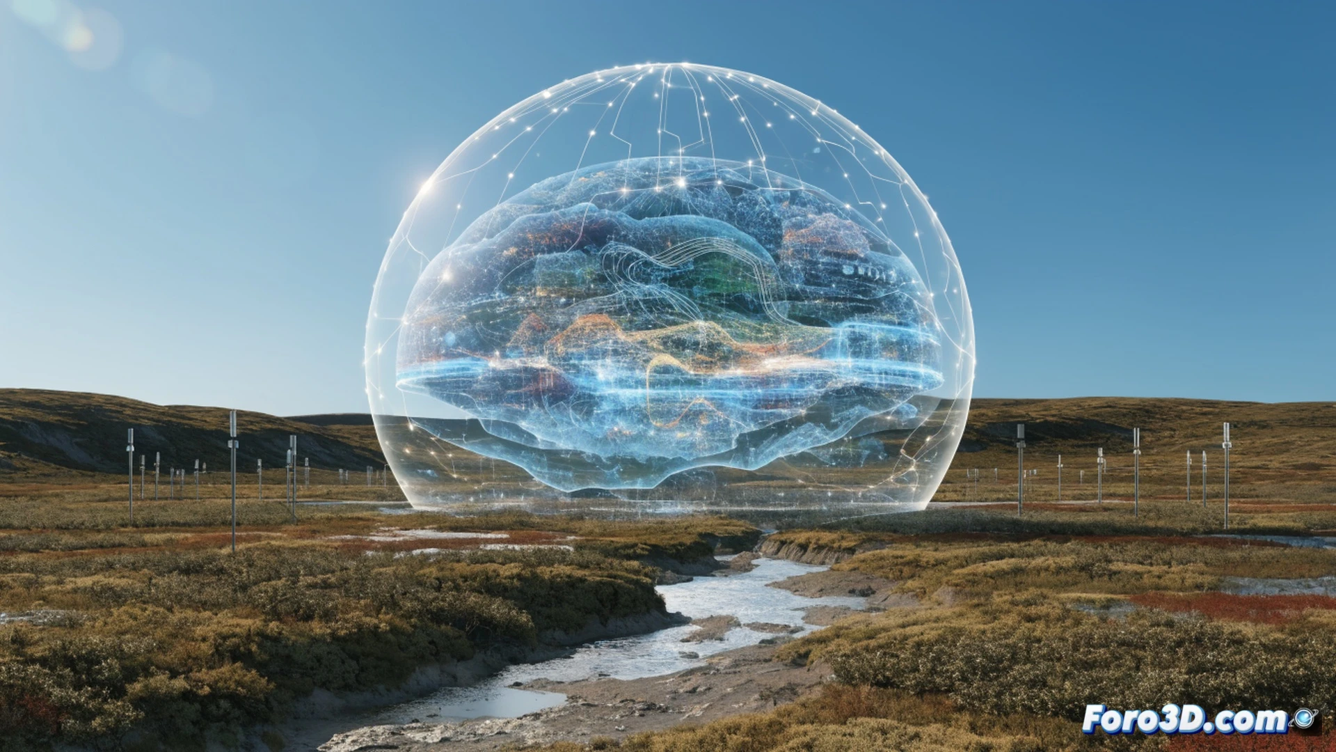 Permafrost terrain in Alaska with a cracked asphalt road, underground sensor array transmitting real-time data as glowing blue lines, a holographic AI twin floating above the ground showing melting ice layers, water seeping into soil beneath a wooden house and pipeline, while red warning zones highlight unstable areas, cinematic engineering visualization, photorealistic terrain textures, dramatic Arctic winter lighting with low sun, ultra-detailed ice crystals and frost, technical illustration style