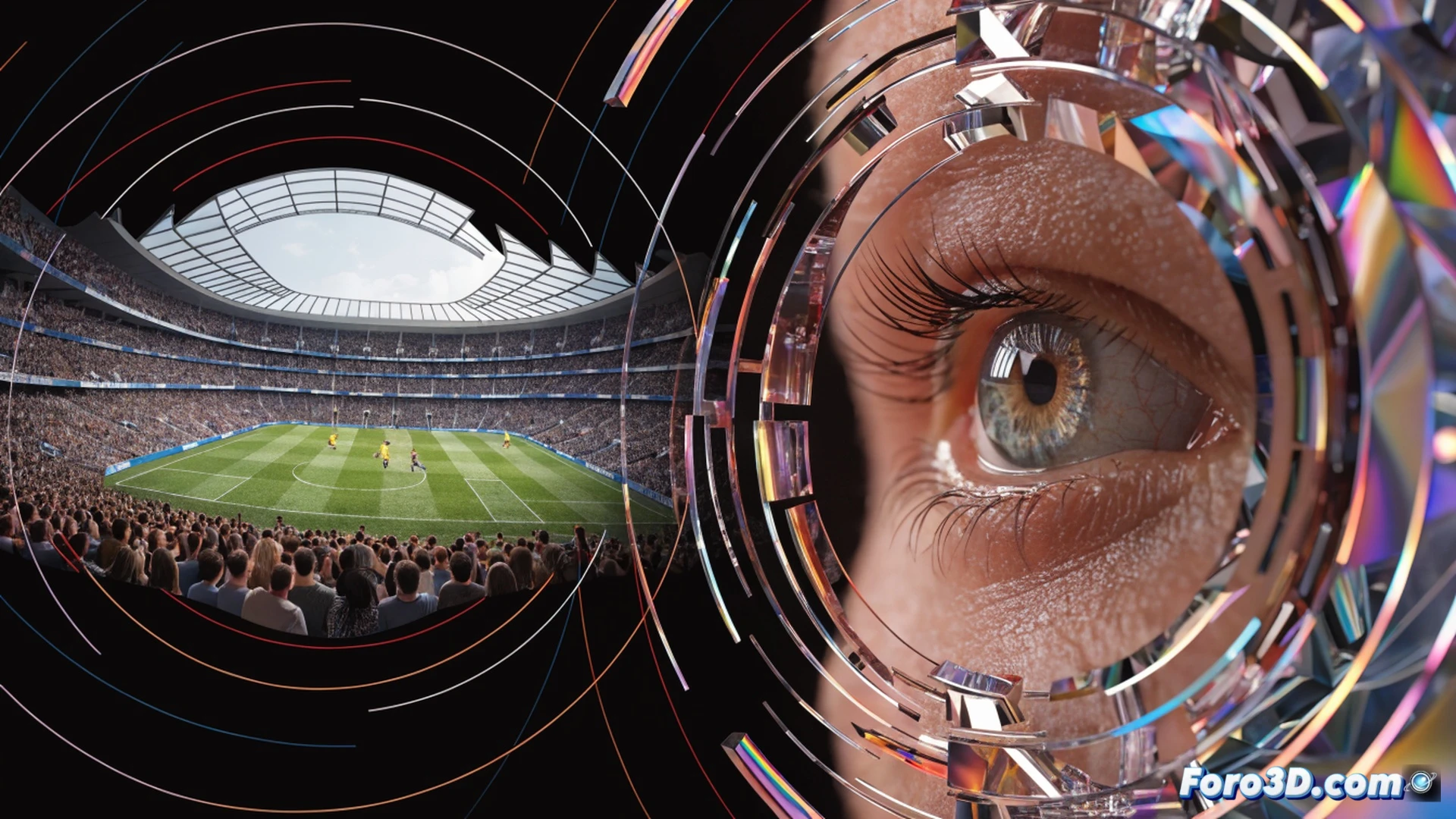 living room scene with a family watching a football match on a large screen, a 3D holographic football player leaping out of the display, no glasses on any viewer, a transparent glass panel showing multi-layered depth, a smartphone lying on the coffee table displaying a technical diagram of lenticular lens array, warm ambient lighting from behind the TV, cinematic photorealistic style, action moment of a goal being scored, depth-of-field blurring the background furniture, ultra-detailed screen texture with visible pixel grid, realistic skin tones and fabric textures, dramatic side lighting emphasizing the 3D effect