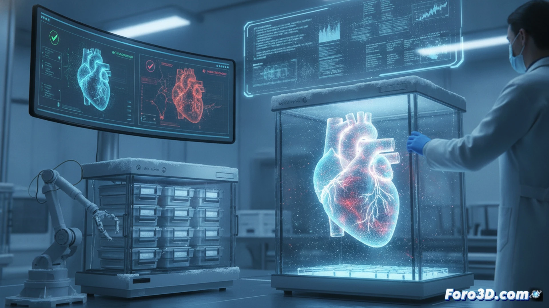 Gemelo digital 3D de órgano humano con red de vasos y datos de criopreservación en pantalla holográfica