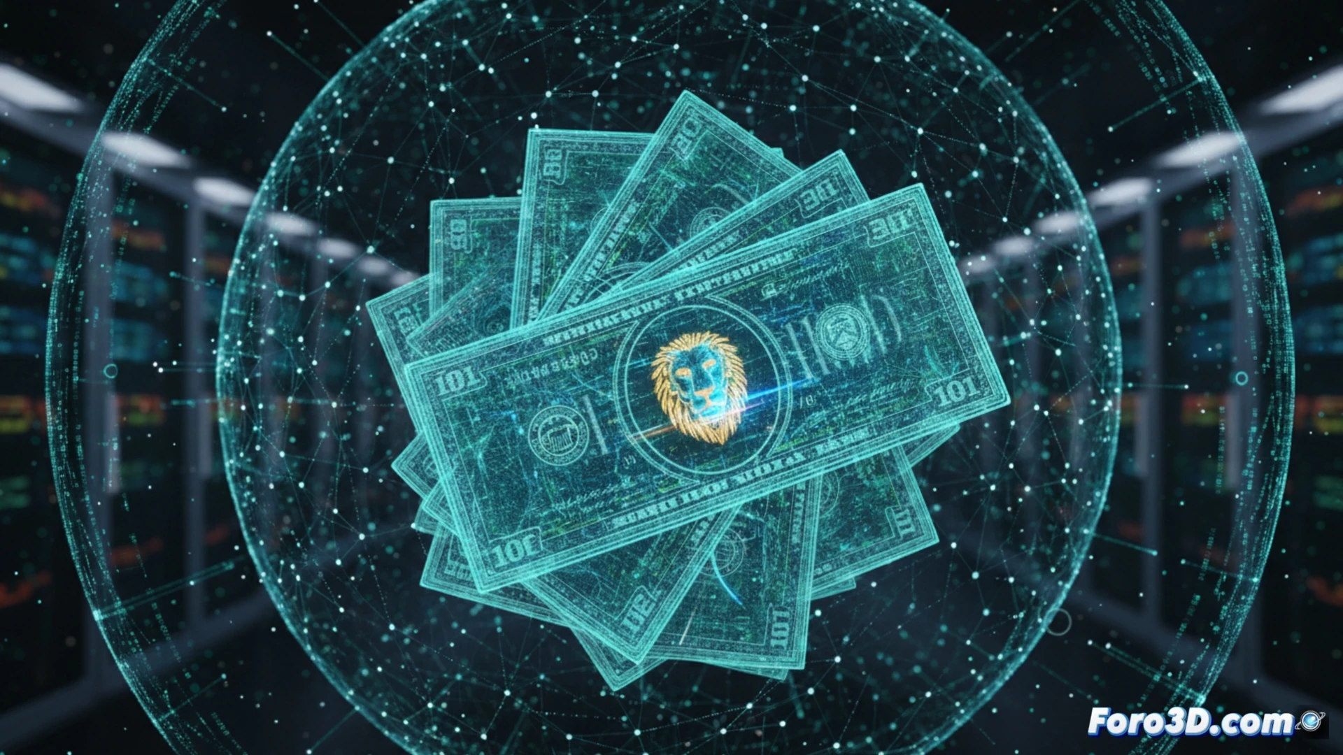 Billete 3D con relieve de tinta calcográfica, microtextos y holograma iridiscente sobre fondo oscuro