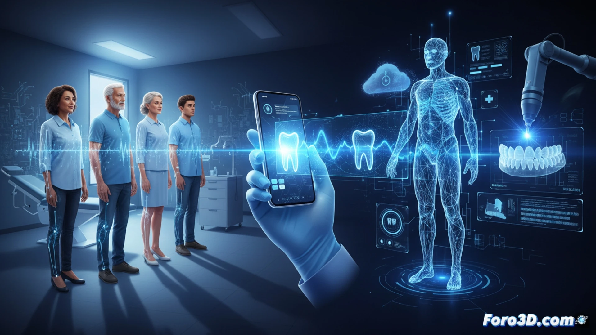 Digital twin dental patient holographic jaw rotating above smartphone scanning real mouth, virtual bone structure and nerve pathways glowing blue, dental prosthesis design software interface floating mid-air, dentist adjusting implant position with stylus, photorealistic medical visualization, cinematic lighting from hologram, translucent anatomical layers, polished chrome dental tools in foreground, high-tech clinic environment, sharp focus on digital model overlapping physical patient, ultra-detailed tissue textures, engineering illustration style