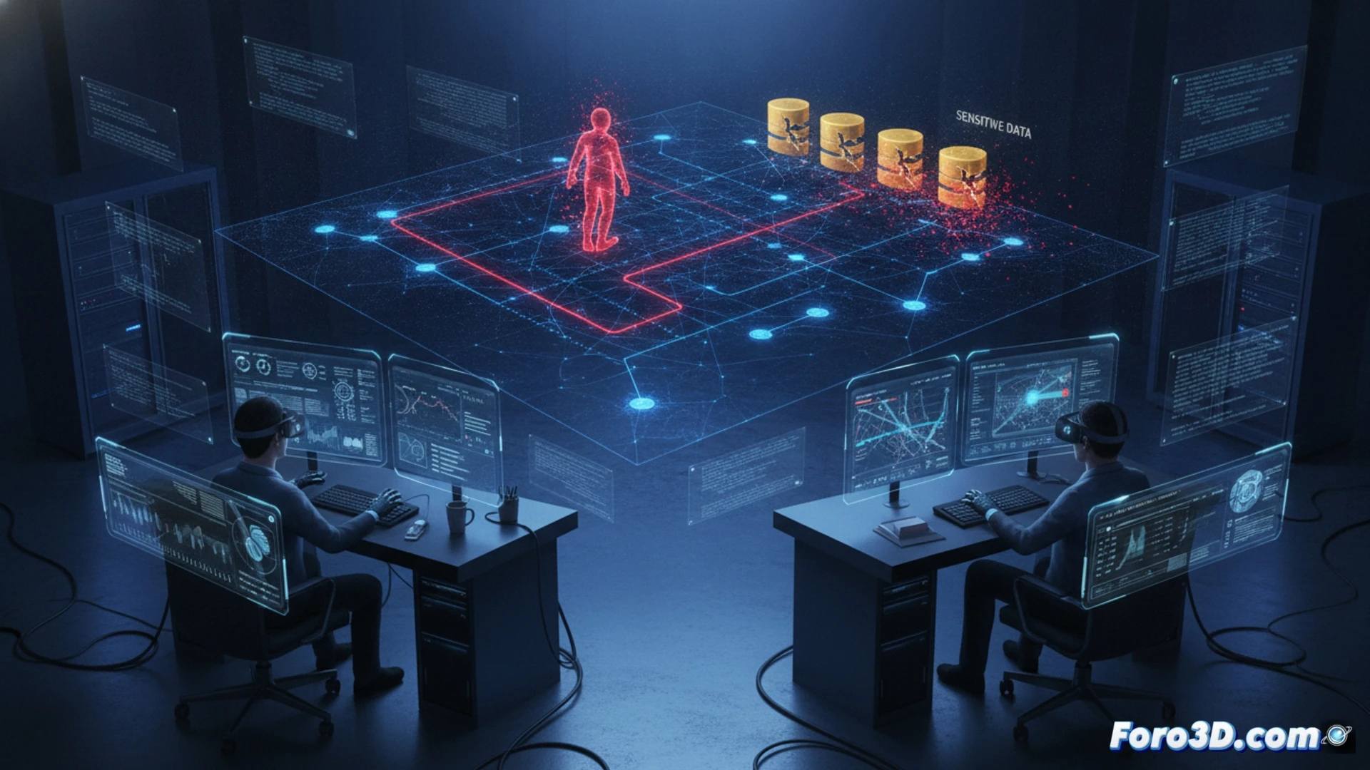 Visualización 3D de topología de red comprometida con rutas de ataque y movimientos laterales entre servidores