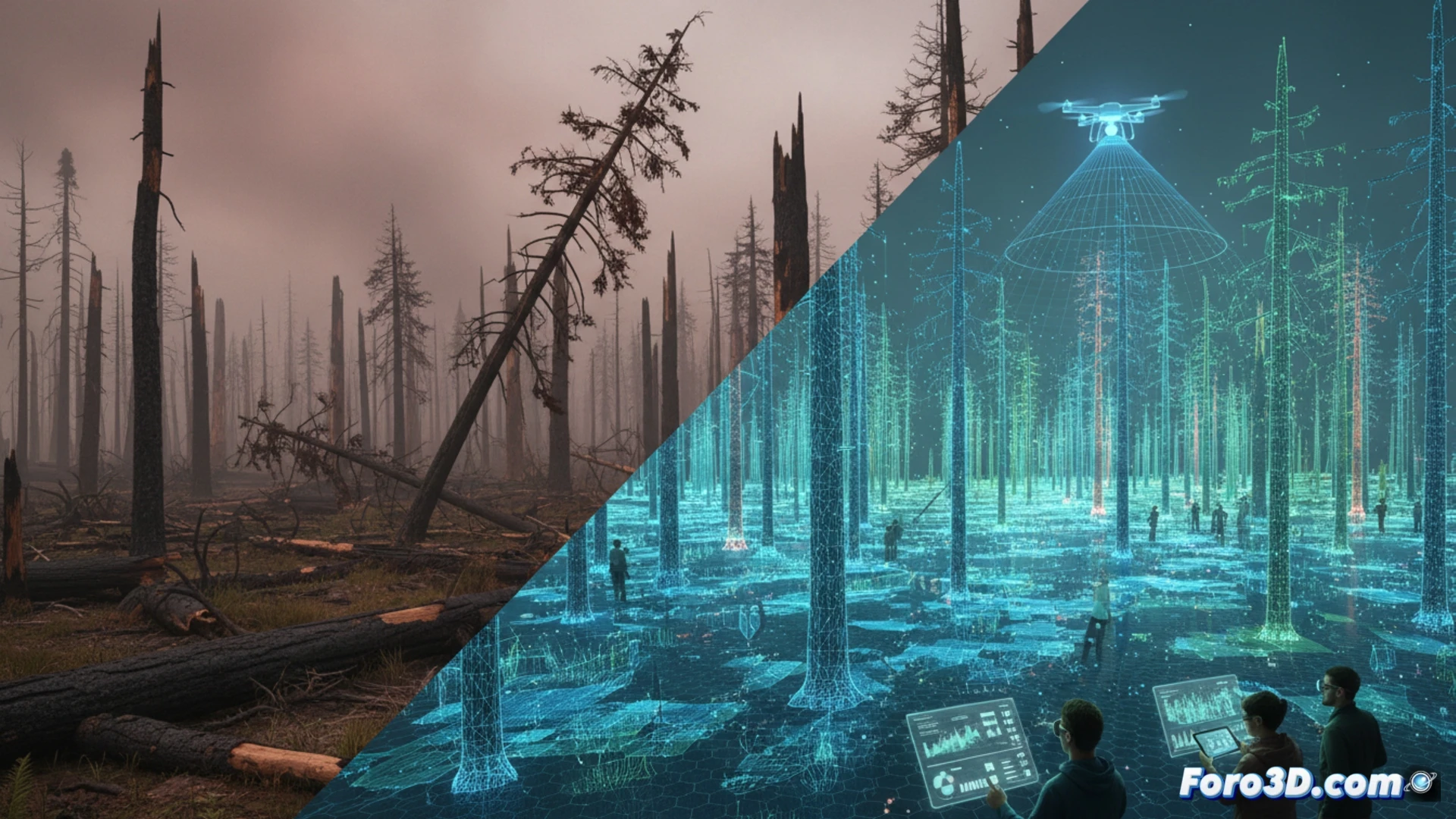 Modelo 3D de bosque con árboles dañados por incendio, colores rojos y naranjas indican pérdida de biomasa