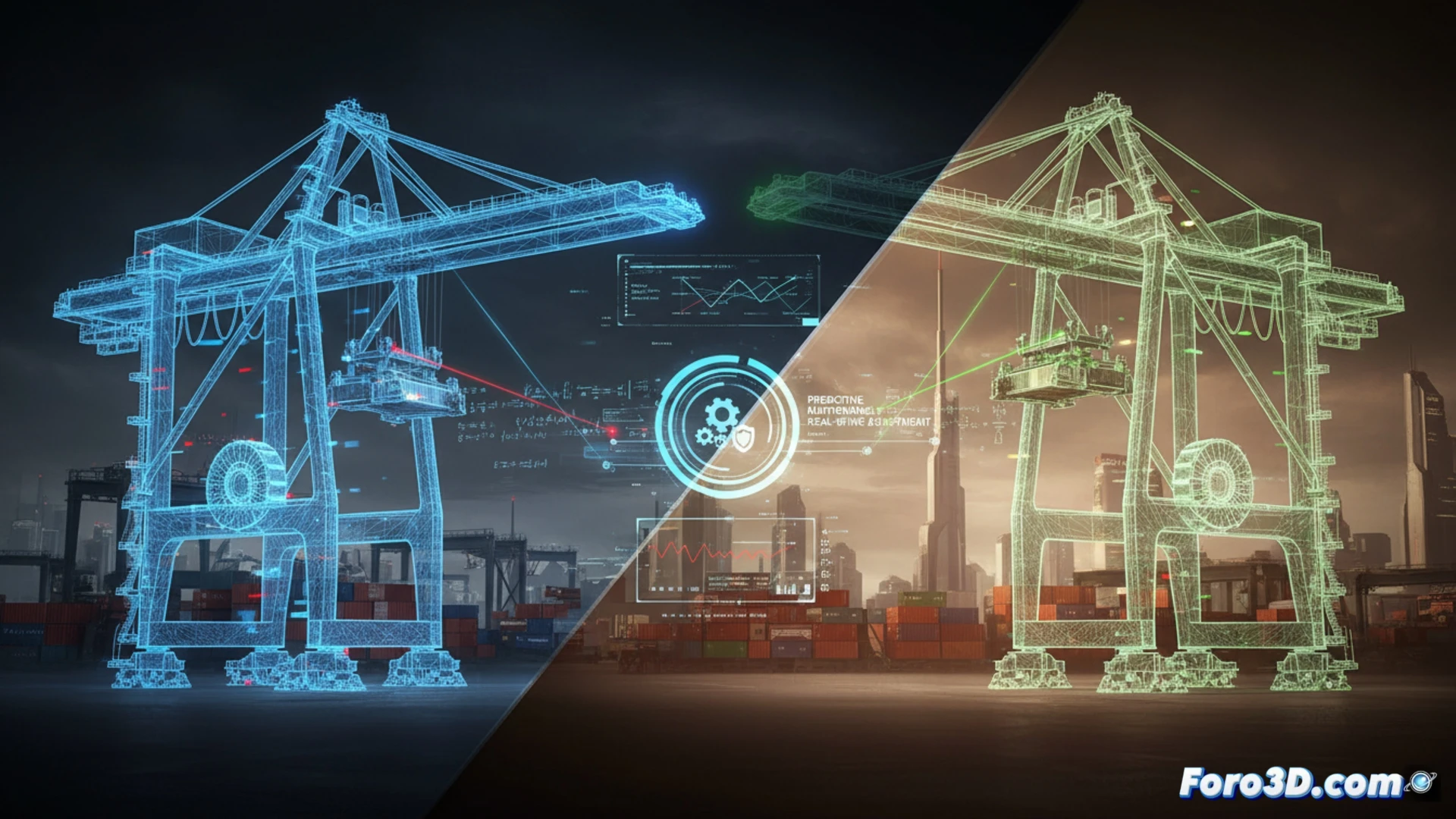 Simulación digital de grúa autónoma en puerto con sensores y modelo 3D de precisión