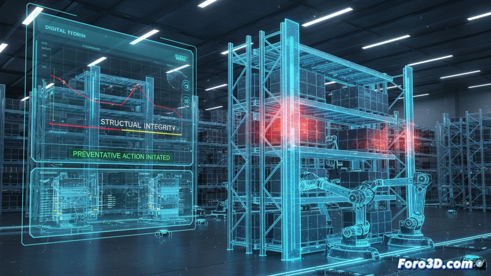 Simulación 3D de gemelo digital en almacén robótico con alerta de fatiga estructural en estanterías
