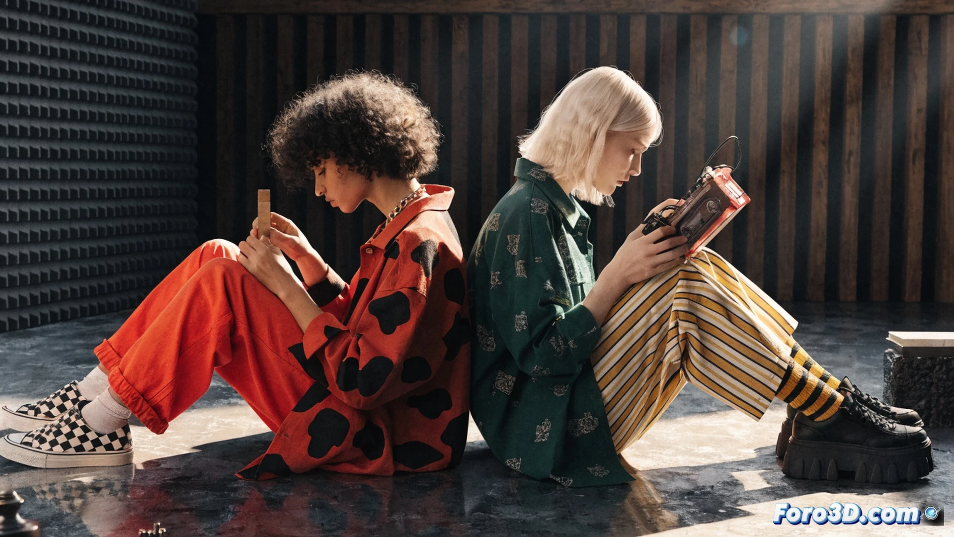young person holding a vintage film camera while turning away from a glowing laptop screen displaying AI interface icons, analog audio cassette player and vinyl record on wooden desk, film negatives and printed photographs scattered nearby, minimalist room with warm natural lighting, cinematic photography style, shallow depth of field focusing on the camera and hands, soft shadows, authentic textures of paper and plastic, photorealistic technical illustration, muted earthy color palette, no digital overlays or text