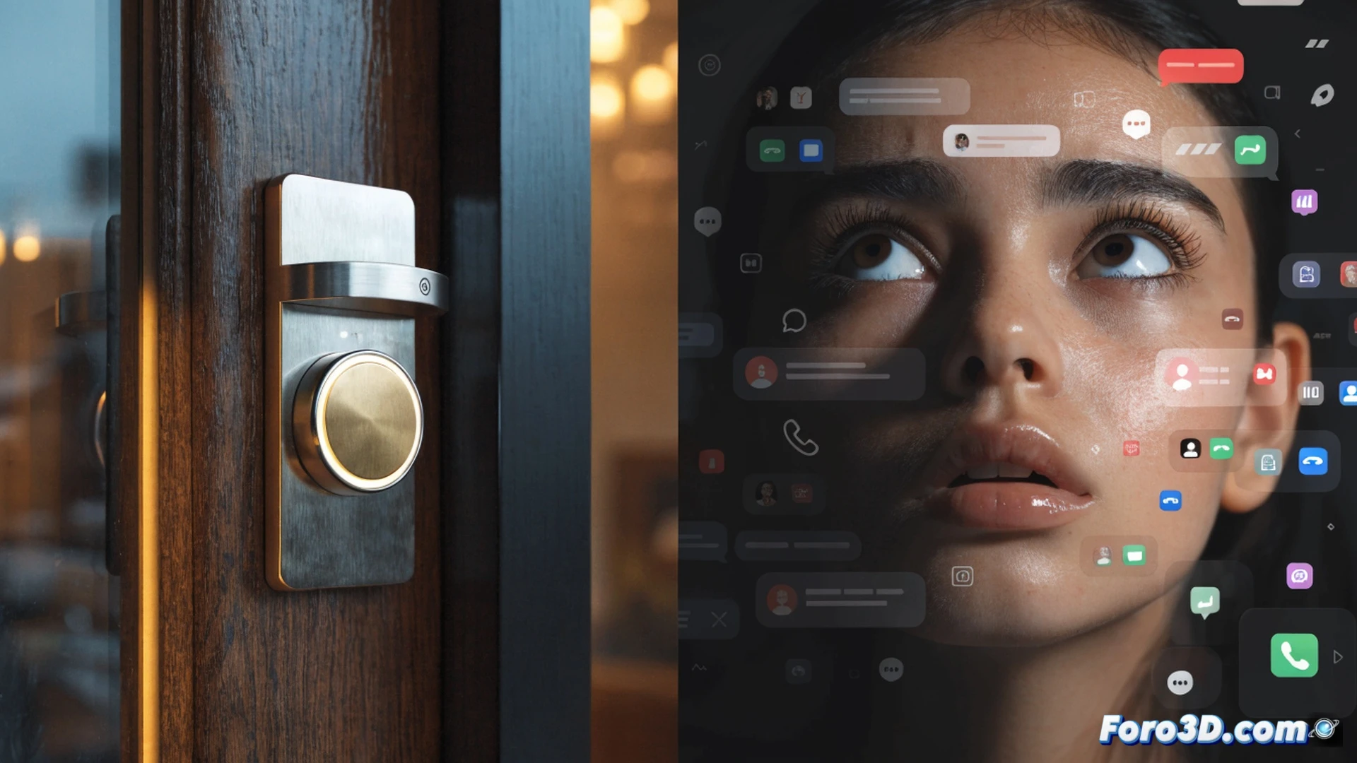 young person standing at a closed front door, hand hovering hesitantly over an illuminated doorbell button, mobile phone screen glowing in other hand showing a text message app, anxious facial expression, slight sweat on forehead, doorbell camera lens watching, concrete doorstep, modern minimalist house facade, cinematic photorealistic style, dramatic shadows from warm porch light contrasting with cool phone screen glow, subtle lens flare, shallow depth of field, ultra-detailed skin texture and fabric wrinkles, emotional tension captured in mid-action moment