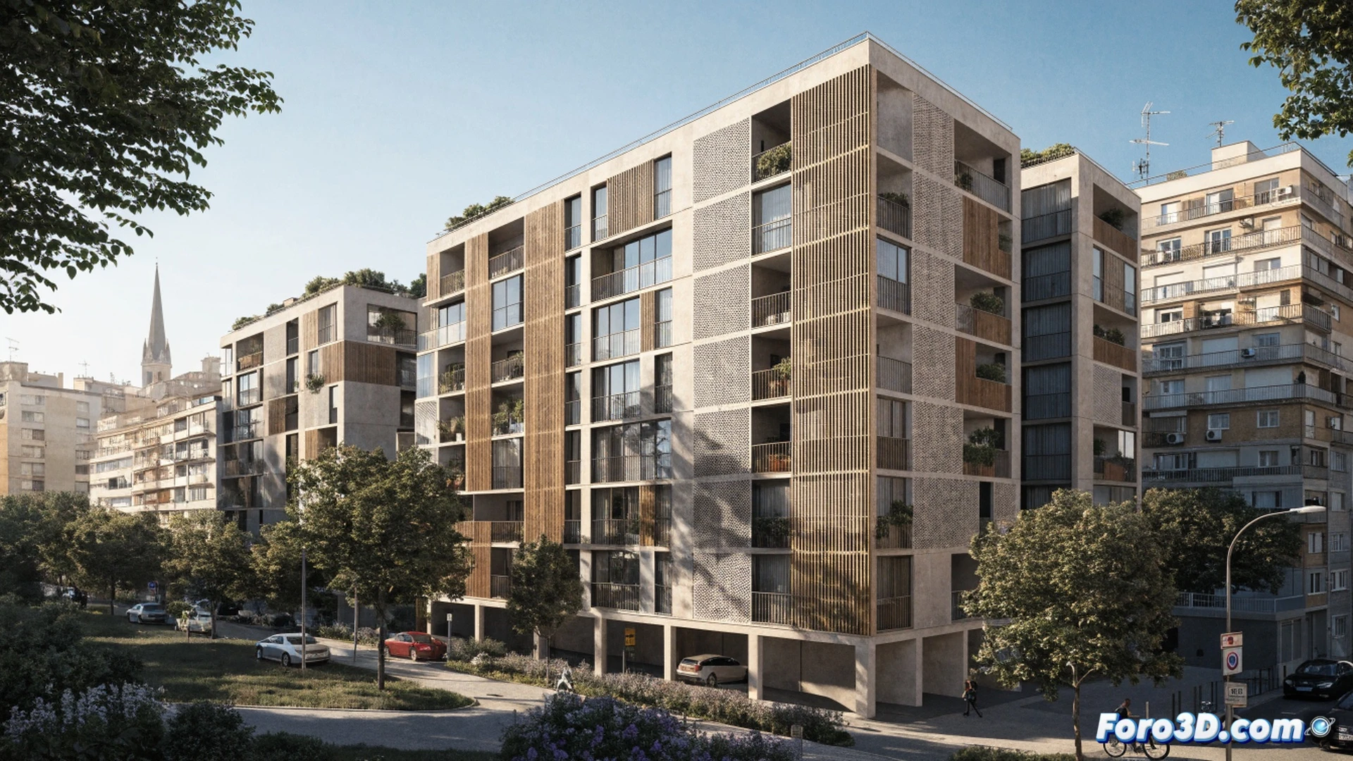 Modern architectural rendering of a multi-story residential building under construction in Torrent, showing workers installing solar panels on the roof while others assemble prefabricated energy-efficient wall panels, crane lifting a modular balcony with integrated parking space below, photorealistic engineering visualization, warm Mediterranean sunlight casting long shadows, exposed structural beams with insulation layers, construction site activity with safety barriers and scaffolding, detailed mechanical systems visible through cutaway section, dramatic afternoon lighting, ultra-realistic materials including glass, concrete and aluminum, cinematic technical illustration.