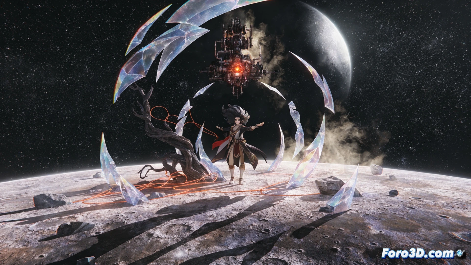 lunar surface exploration zone in Genshin Impact, Sandrone standing on a crater edge with mechanical puppet arm extended, glowing elemental damage particles swirling around her hand, unknown elemental energy striking a floating moon rock, cracks forming with blue and purple light, cinematic action scene, starry space sky above, metallic lunar terrain with reflective dust, dramatic lighting from distant earth glow, photorealistic game art style, high detail on puppet joints and elemental effects, dynamic pose during combat demonstration