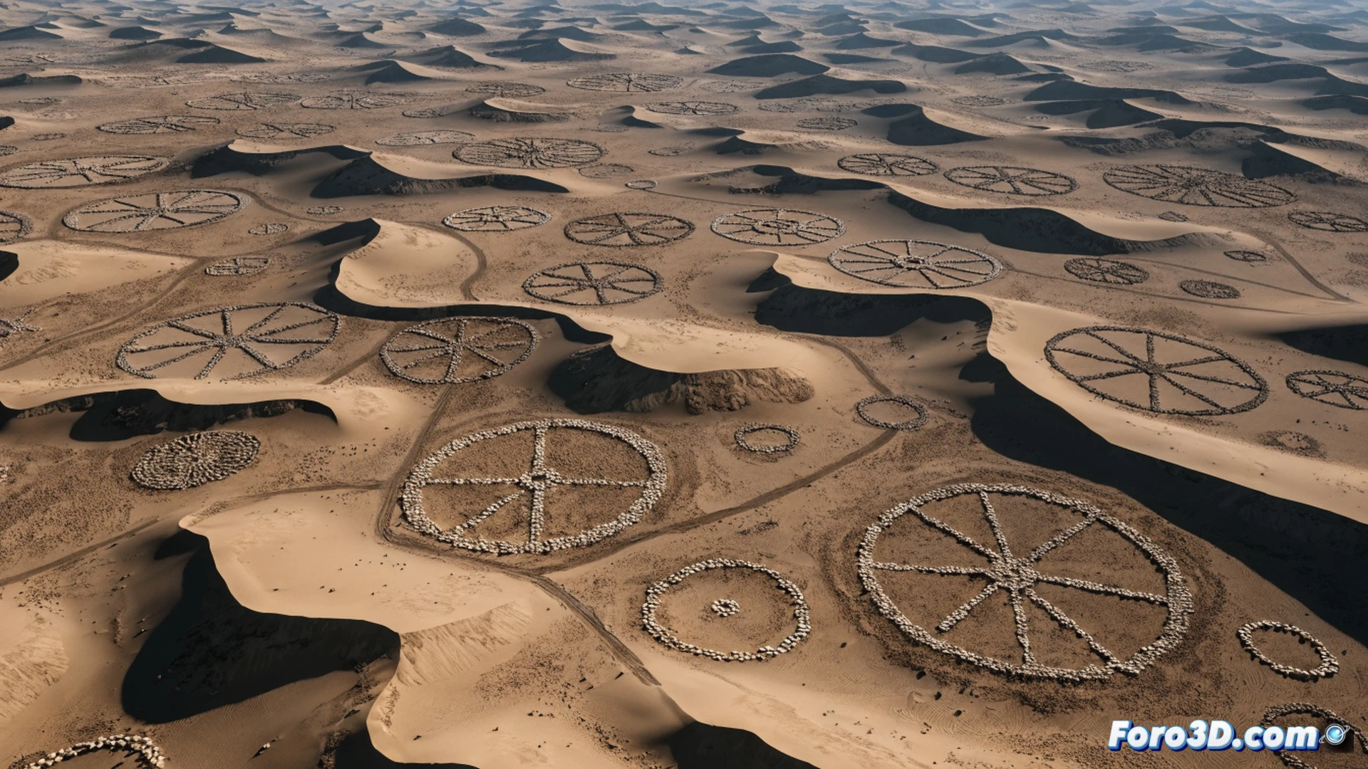 Aerial view of ancient stone wheels and walls scattered across a desert landscape, a dusty wind sweeping over the structures while a drone with a thermal camera hovers above, scanning the geometric patterns, sunlight casting long shadows over the circular formations, cinematic archaeological visualization, photorealistic desert textures, golden sand dunes in the background, subtle heat haze distorting the horizon, ultra-detailed stone surfaces, dramatic golden hour lighting, high-angle shot emphasizing the mysterious wheel shapes