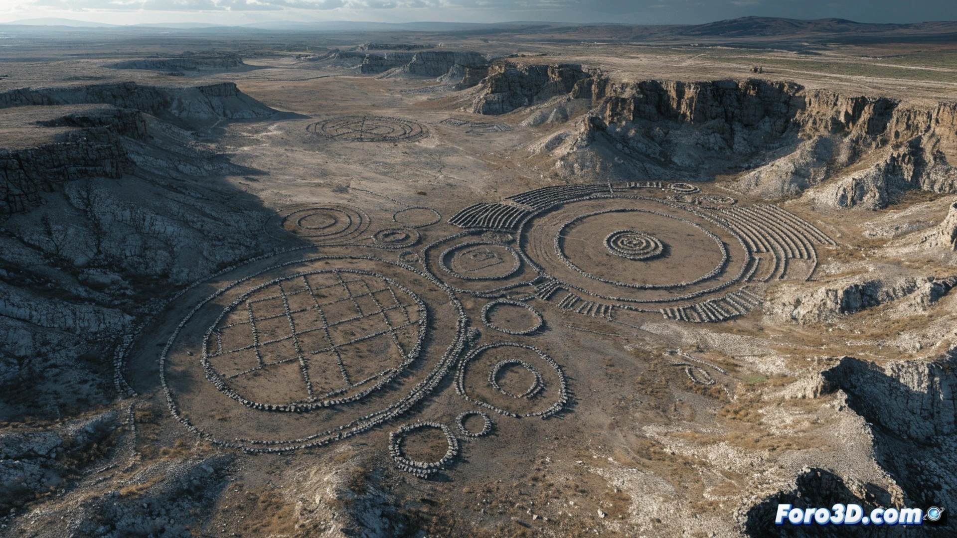 Aerial view of colossal geometric earth geoglyphs carved into the Kazakh steppe, Neolithic builders dragging soil into precise mounds measuring 400 meters long, sunlight casting long shadows across the ancient formations, modern satellite interface overlay showing measurement grids and GPS coordinates, photorealistic technical illustration, golden hour lighting emphasizing terrain texture, dust particles suspended in dry air, weathered stone tools scattered near unfinished sections, dramatic cinematic composition with deep focus, ultra-detailed earth textures and erosion patterns