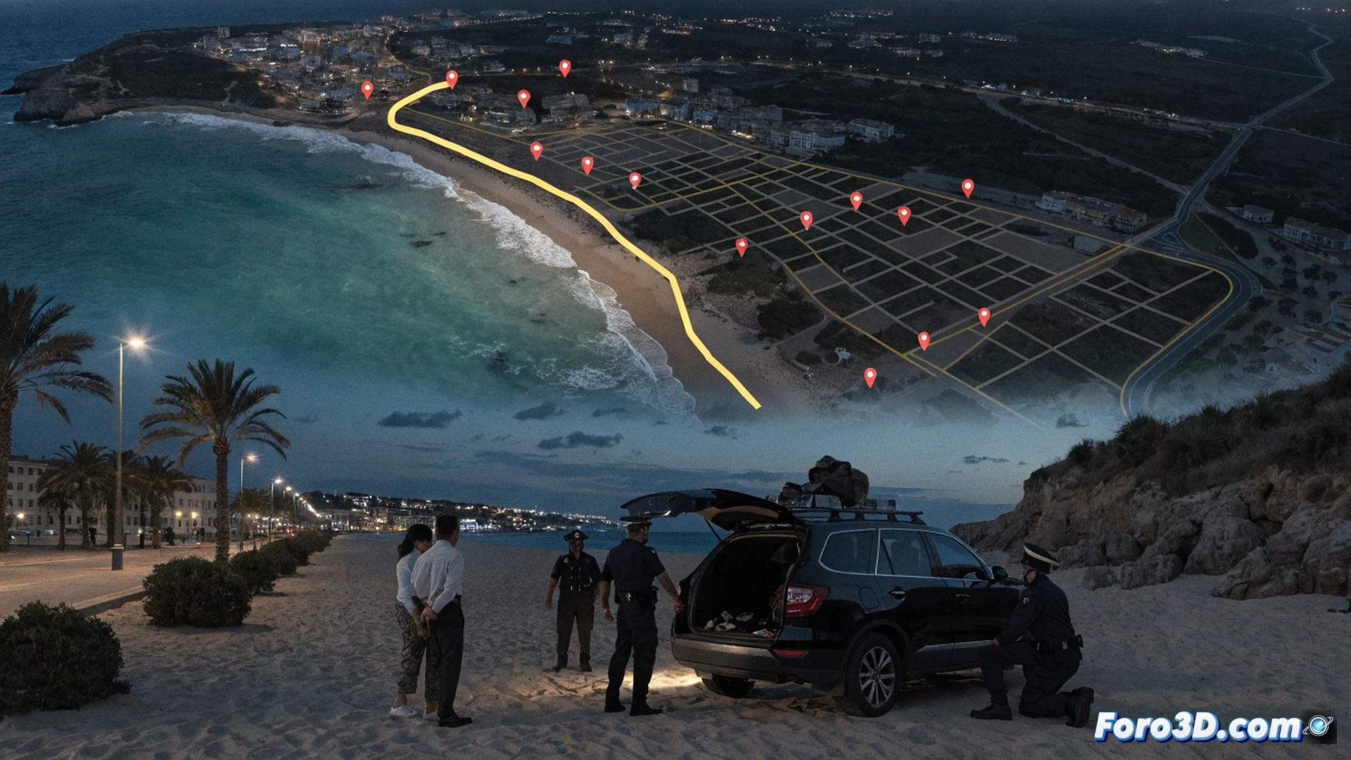 plaintext
nighttime urban street scene, Playa de Palma, two police officers intercepting a parked car, one officer reaching up to the vehicle roof where a hidden smartphone and wallet are wedged under a roof rack, victim holding a phone displaying a glowing GPS tracking map showing the car location, forensic evidence markers on ground, technical illustration style, realistic night lighting with streetlamp highlights, blue and red police light reflections on wet asphalt, detailed vehicle interior visible through open door showing scattered belongings, photorealistic cinematic render, action moment of discovery during police operation