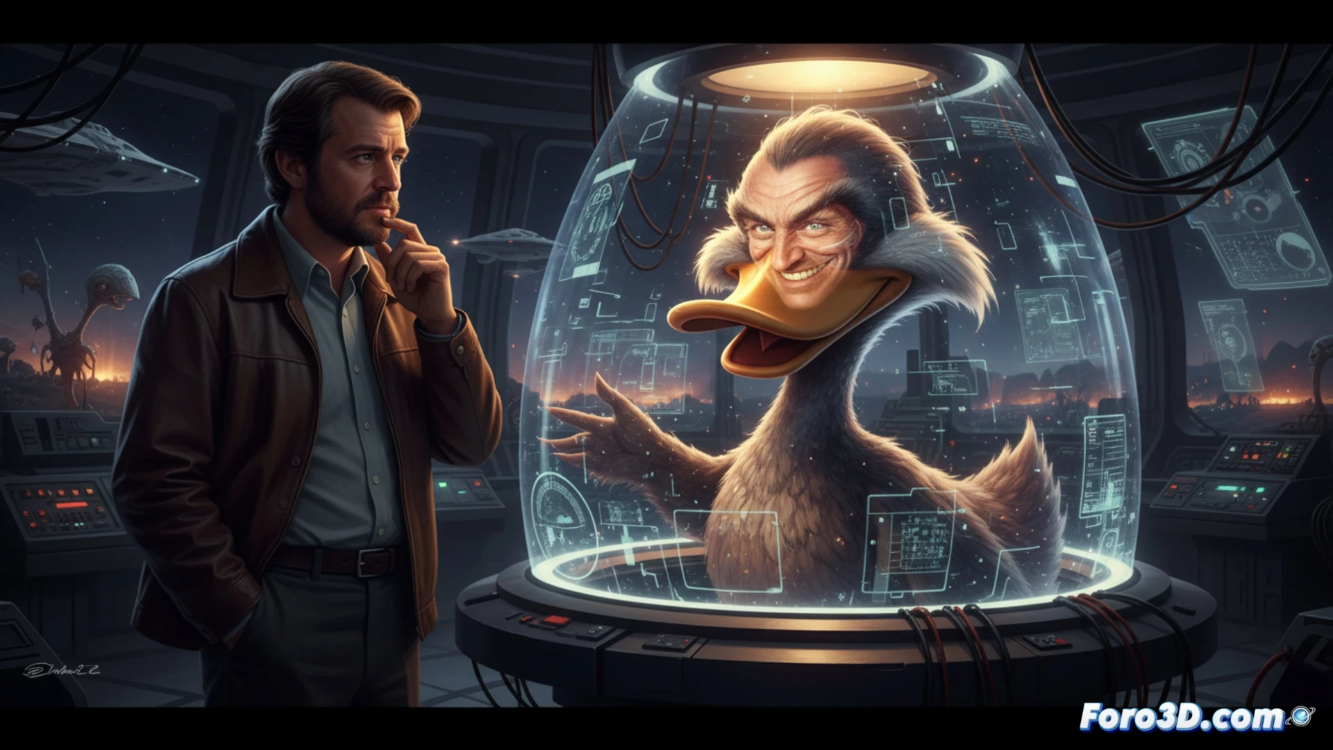 George Lucas reviewing a digital Howard the Duck prototype on a vintage 1990s monitor, Robin Williams holographic face projected over the duck model while Lucas adjusts a motion capture rig, wires connecting to an early CGI workstation, keyboard with glowing keys, studio dimly lit with blue screen backdrop, cinematic engineering visualization, photorealistic technical render, dramatic contrast between analog film equipment and digital display, action of hand moving a joystick controlling the duck s beak movements