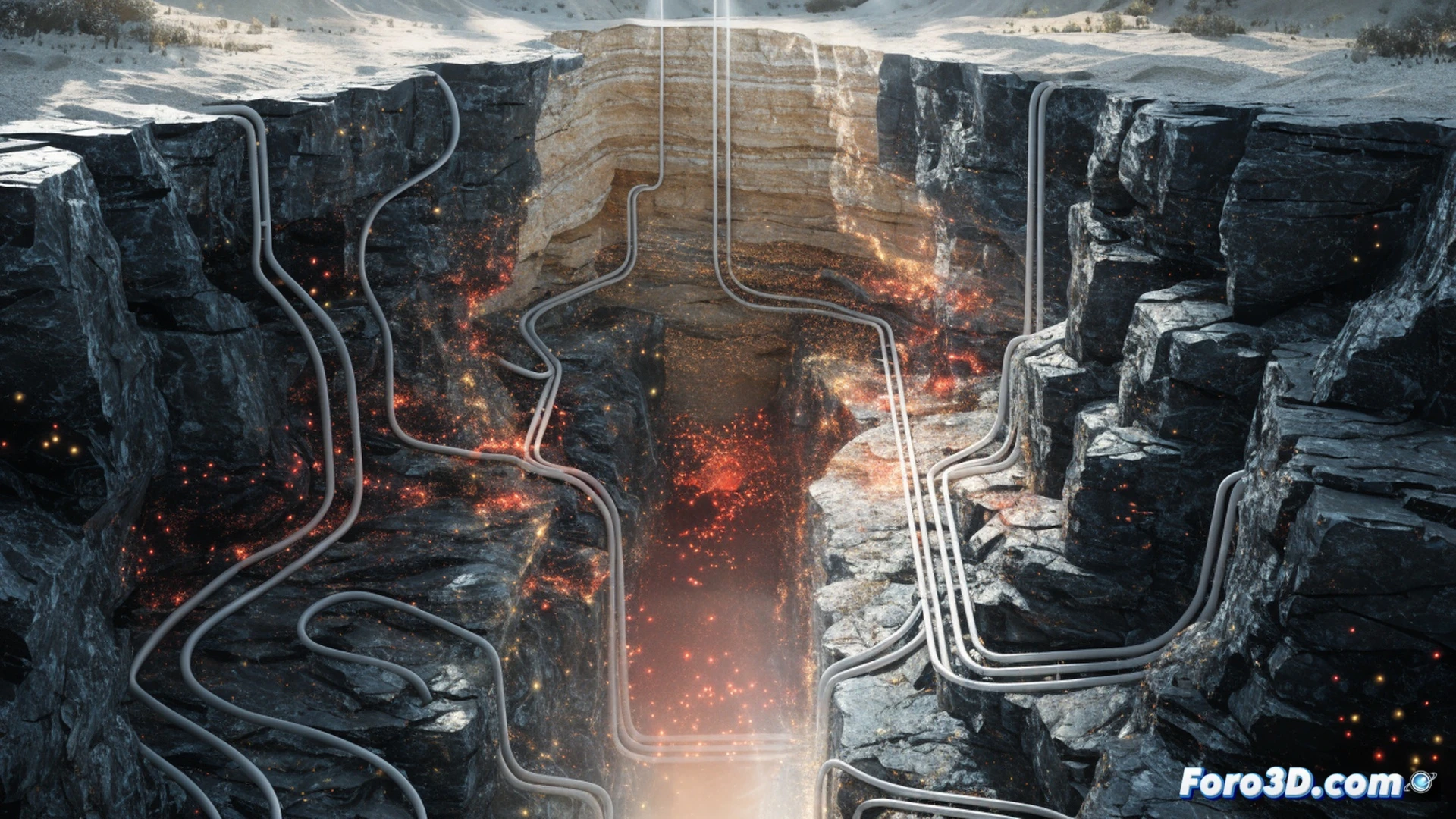 subsurface geothermal heat extraction system in cold northeast USA winter landscape, cross-section view showing deep borehole with closed-loop pipe network, hydraulic stimulation process creating micro-fractures in hot dry rock without volcanic activity, heat exchange fluid circulating through underground reservoir, surface facility with heat pump and monitoring equipment, snow-covered terrain contrasting with warm steam rising from exhaust vents, engineers inspecting pressure gauges and control panels, cinematic engineering visualization, photorealistic industrial lighting, detailed geological strata layers, blue and orange color scheme highlighting thermal transfer, ultra-detailed mechanical components, dramatic shadows and steam effects