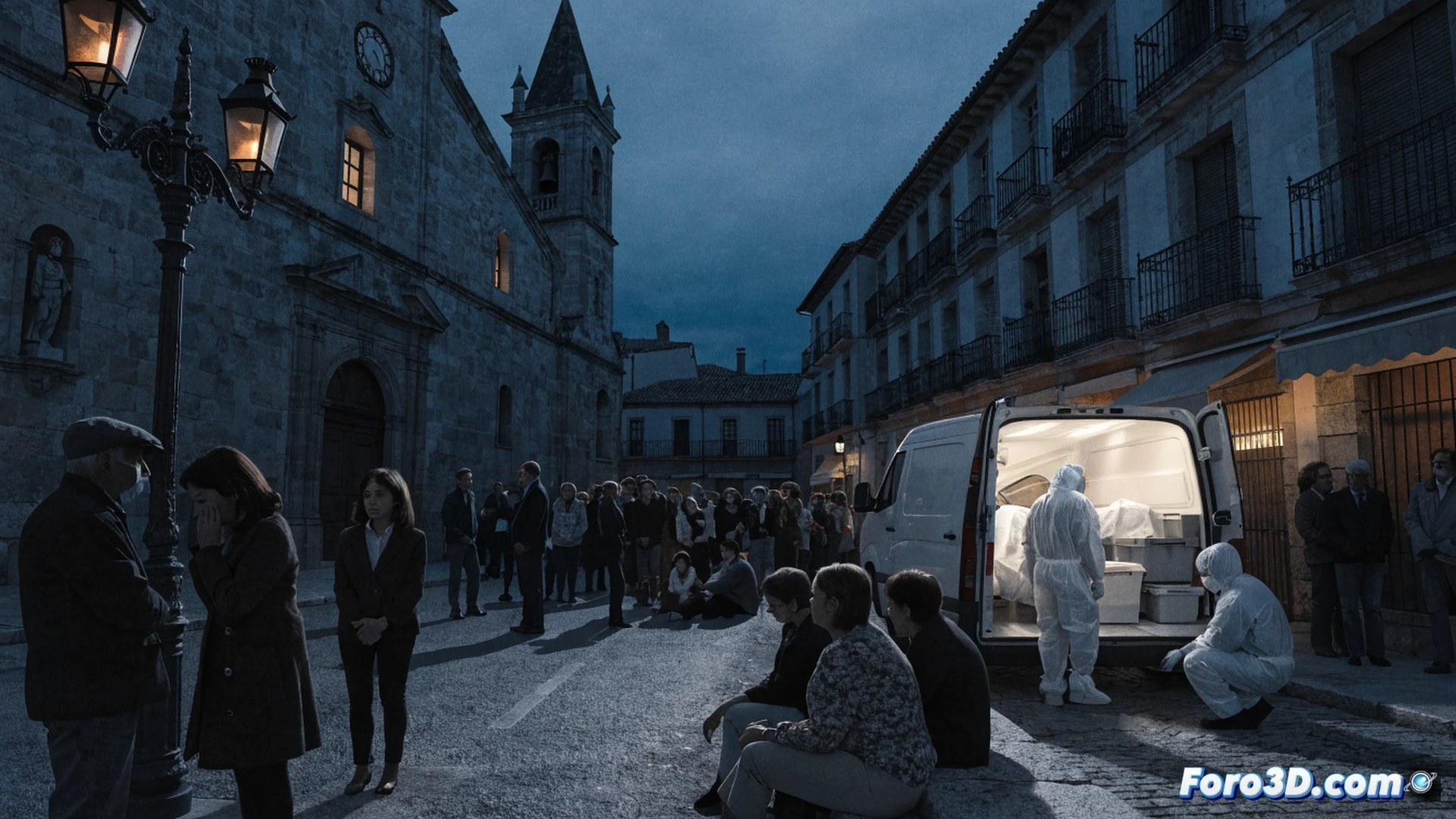 small spanish town square at dusk, neighbors gathered in silent vigil, forensic team van parked near municipal building, medical examiner carrying a sealed evidence case toward entrance, community members holding candles and flowers, emotional tension in body language, cinematic photorealistic style, warm amber streetlights contrasting with cool blue twilight sky, weathered cobblestone ground, reflective puddles after recent rain, technical detail on forensic vehicle markings and equipment cases, shallow depth of field focusing on the evidence case and a grieving family group in background, dramatic chiaroscuro lighting, ultra-realistic textures on stone walls and old wooden doors