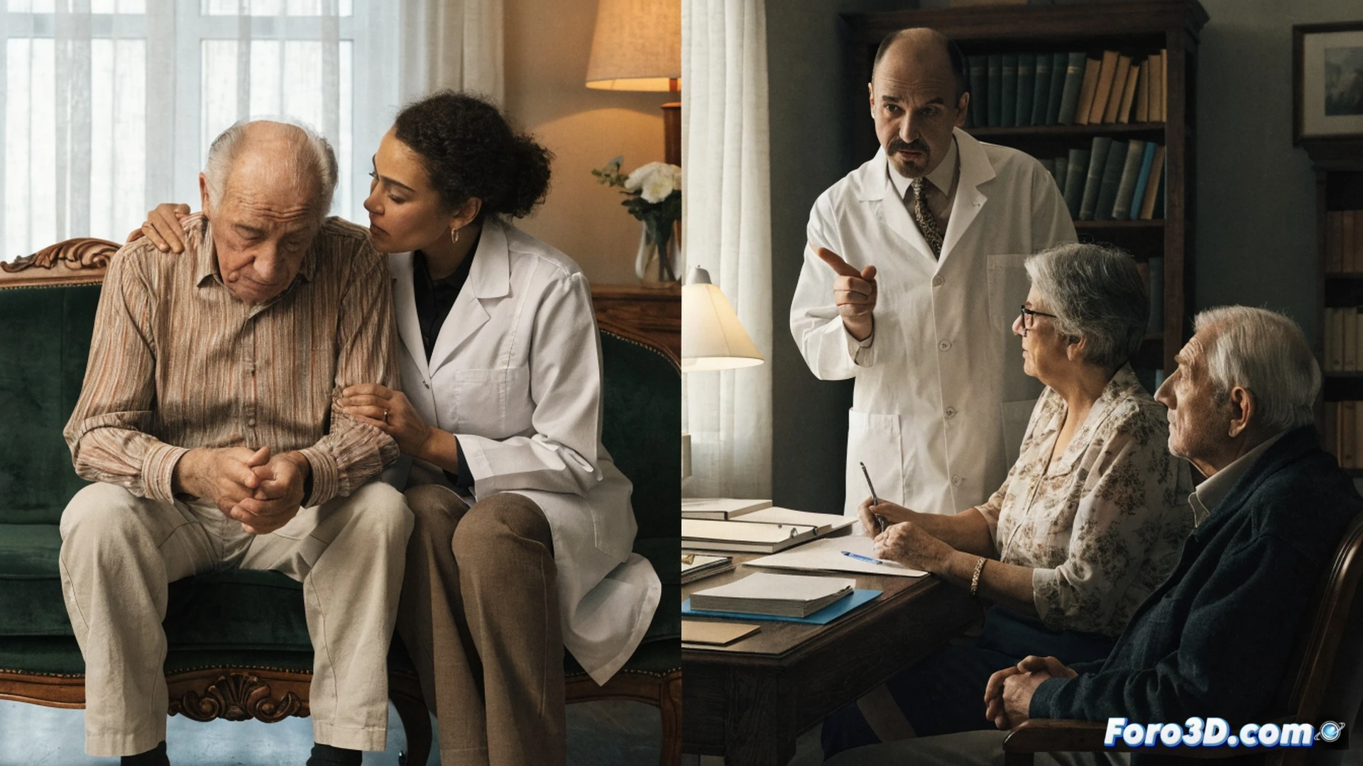 hospital geriatrics unit interior, family caregivers learning to use a digital medication dispenser and a tablet with a dementia care app, elderly patient with mild dementia seated at a table sorting colored memory cards, nurse demonstrating a calming hand gesture while pointing at a daily routine checklist on the wall, soft clinical lighting, warm pastel tones, photorealistic medical illustration, clear focus on assistive technology and human interaction, compassionate atmosphere, detailed home-care environment simulation.